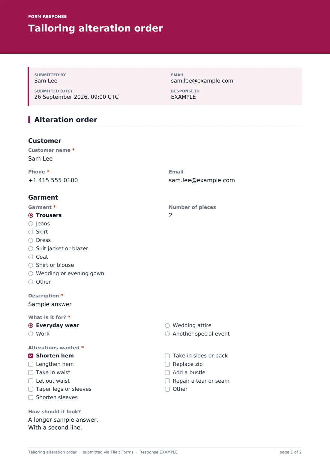 Tailoring alteration order — example response PDF, page 1 of 2