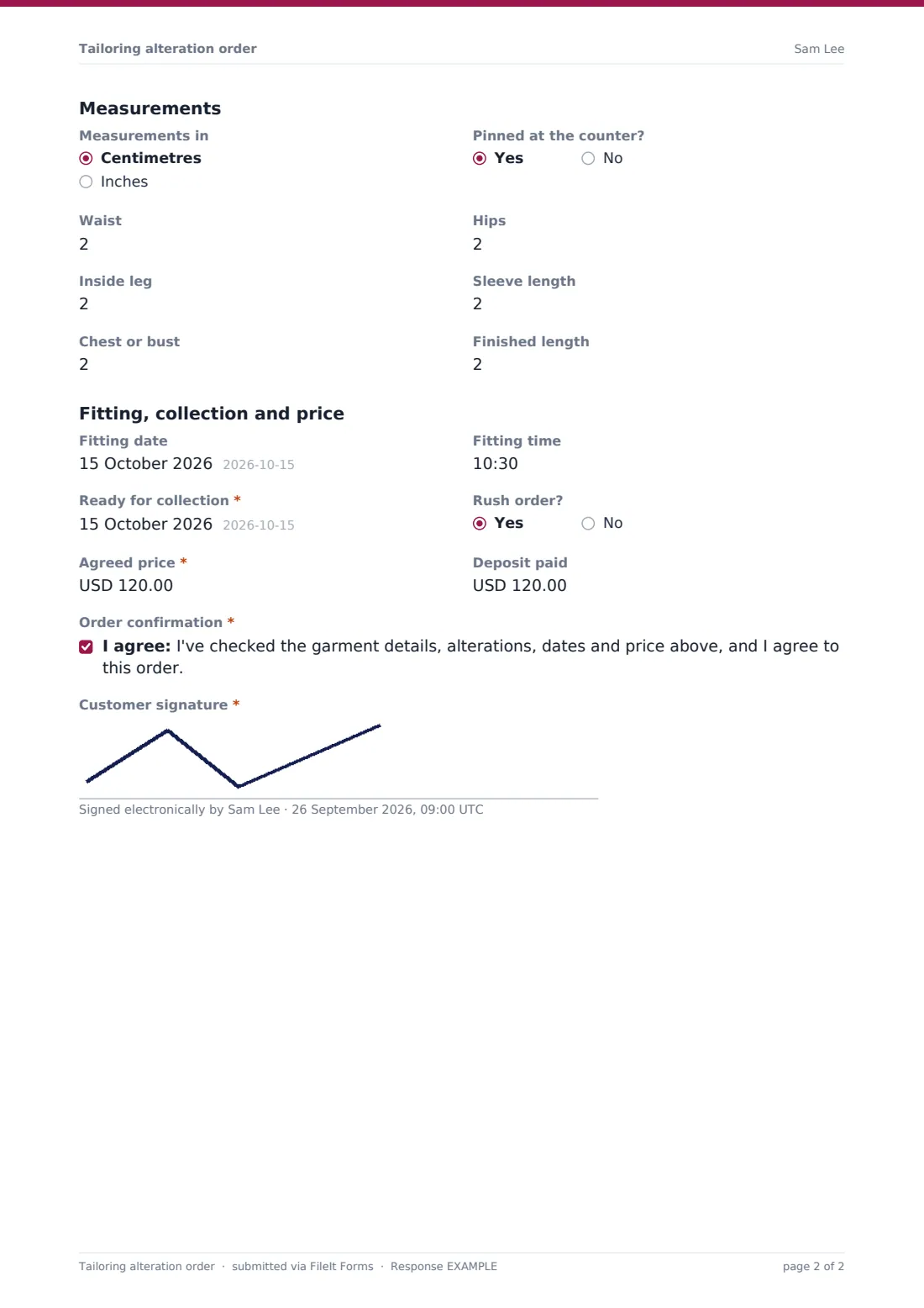 Tailoring alteration order — example response PDF, page 2 of 2