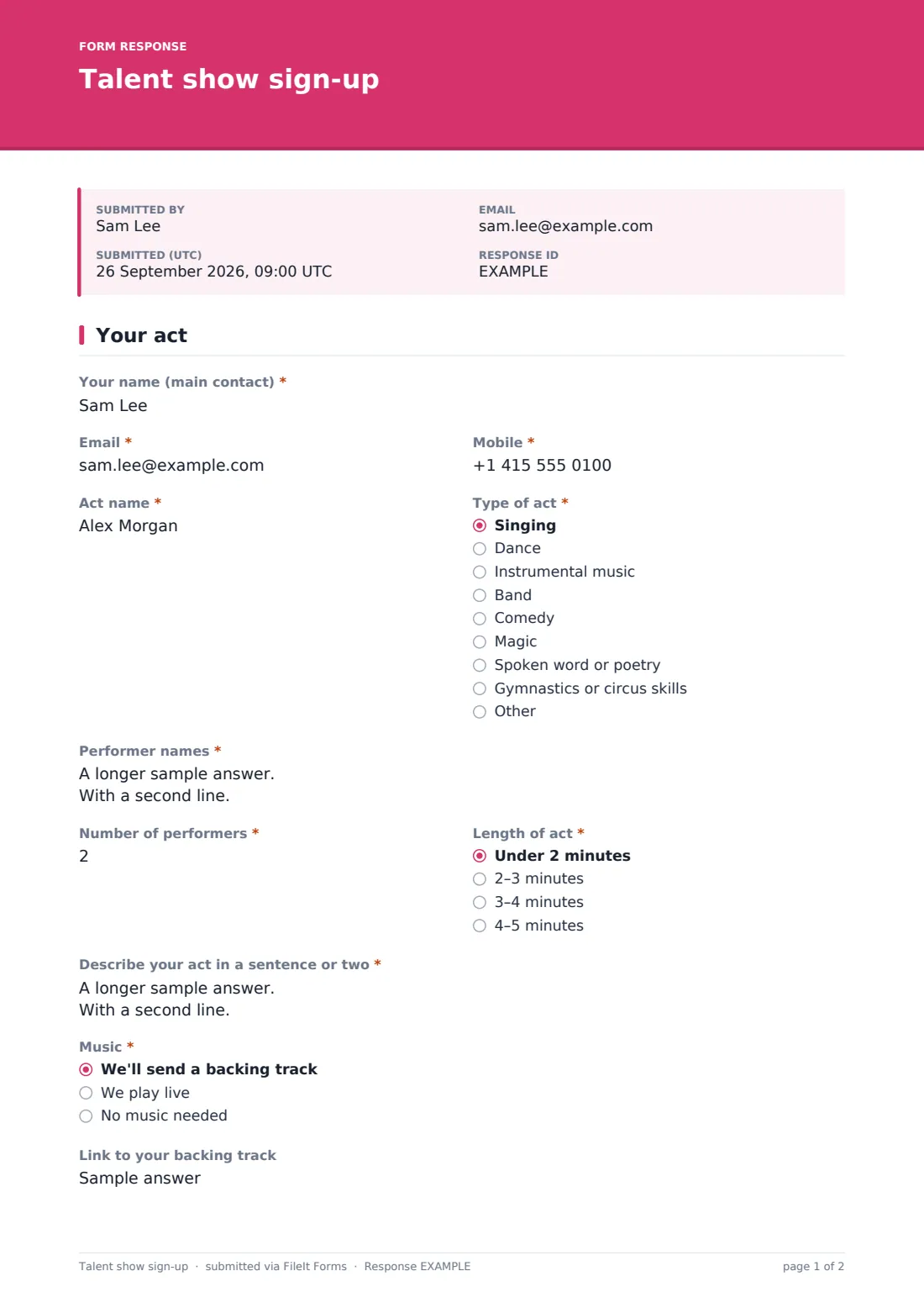 Talent show sign-up — example response PDF, page 1 of 2