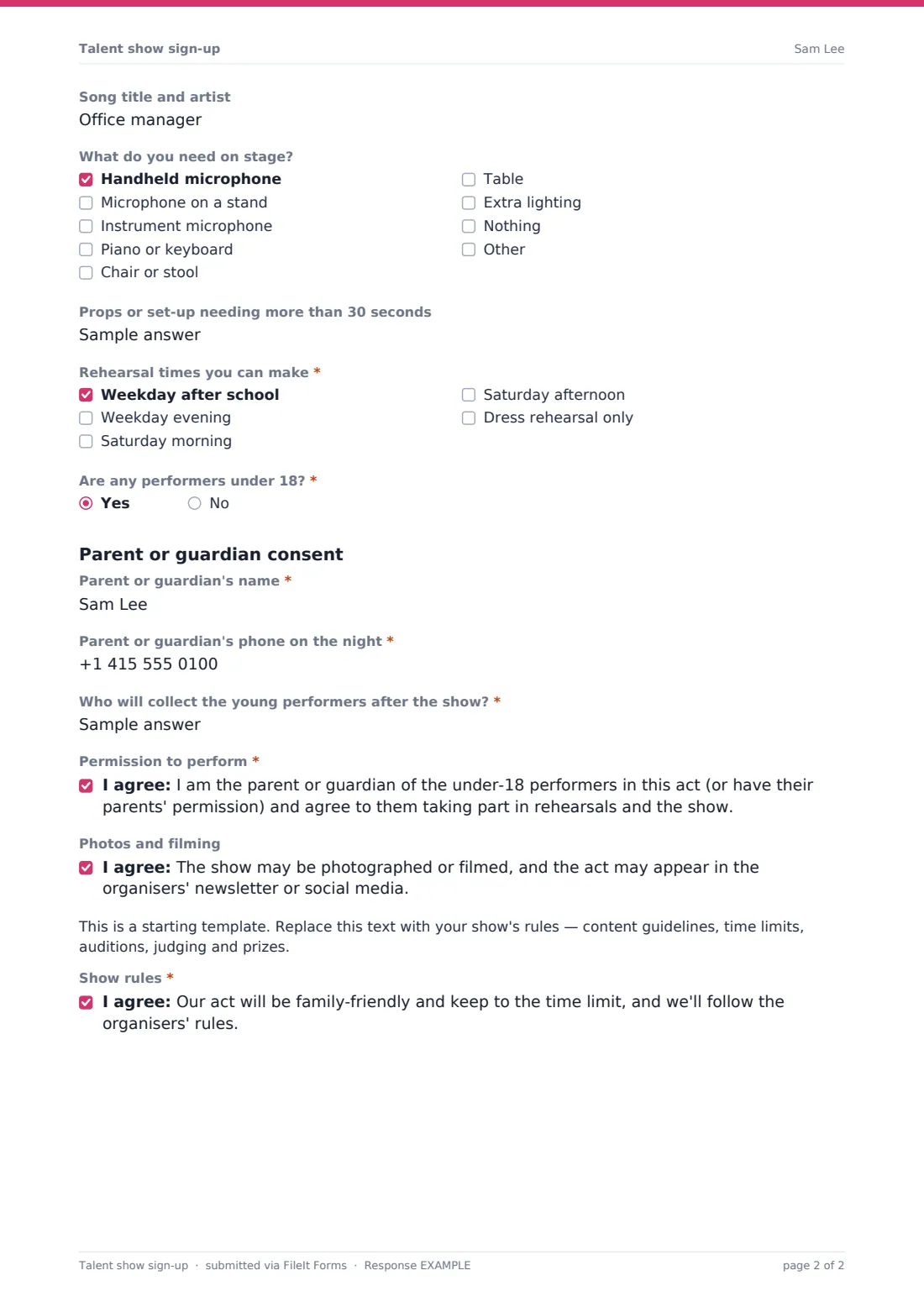 Talent show sign-up — example response PDF, page 2 of 2