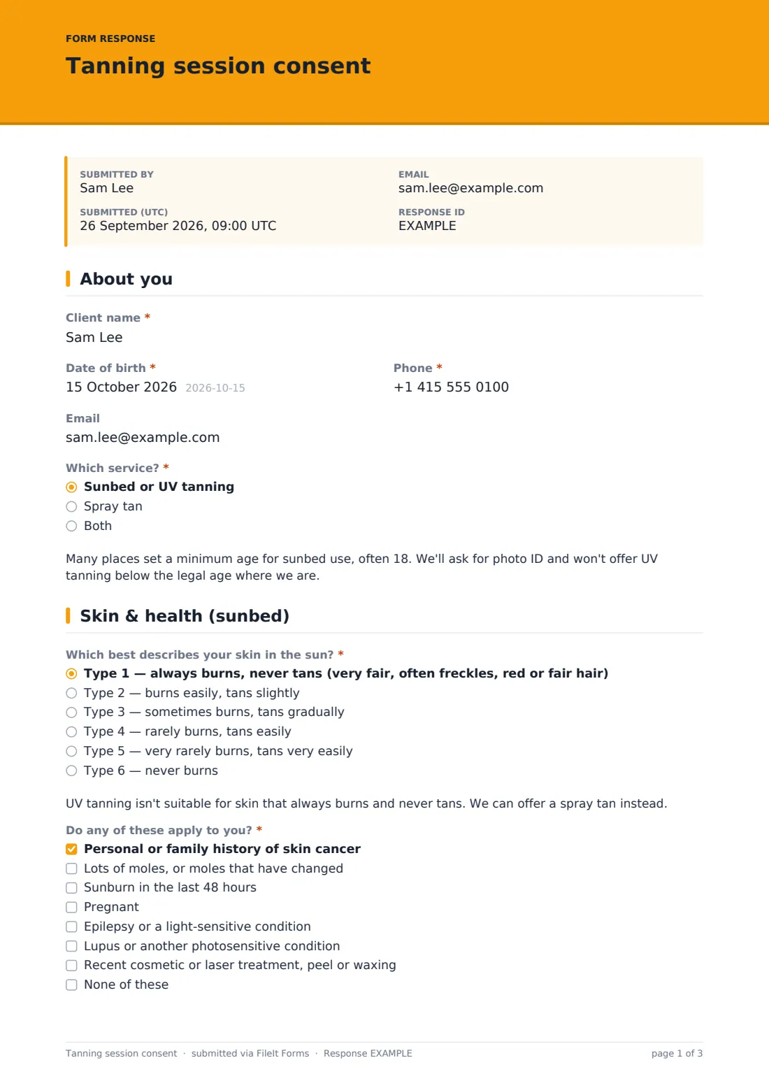 Tanning session consent — example response PDF, page 1 of 3