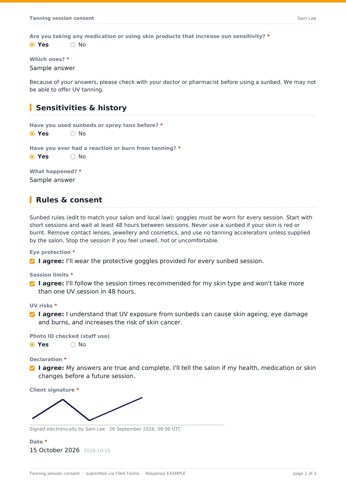Tanning session consent — example response PDF, page 2 of 3