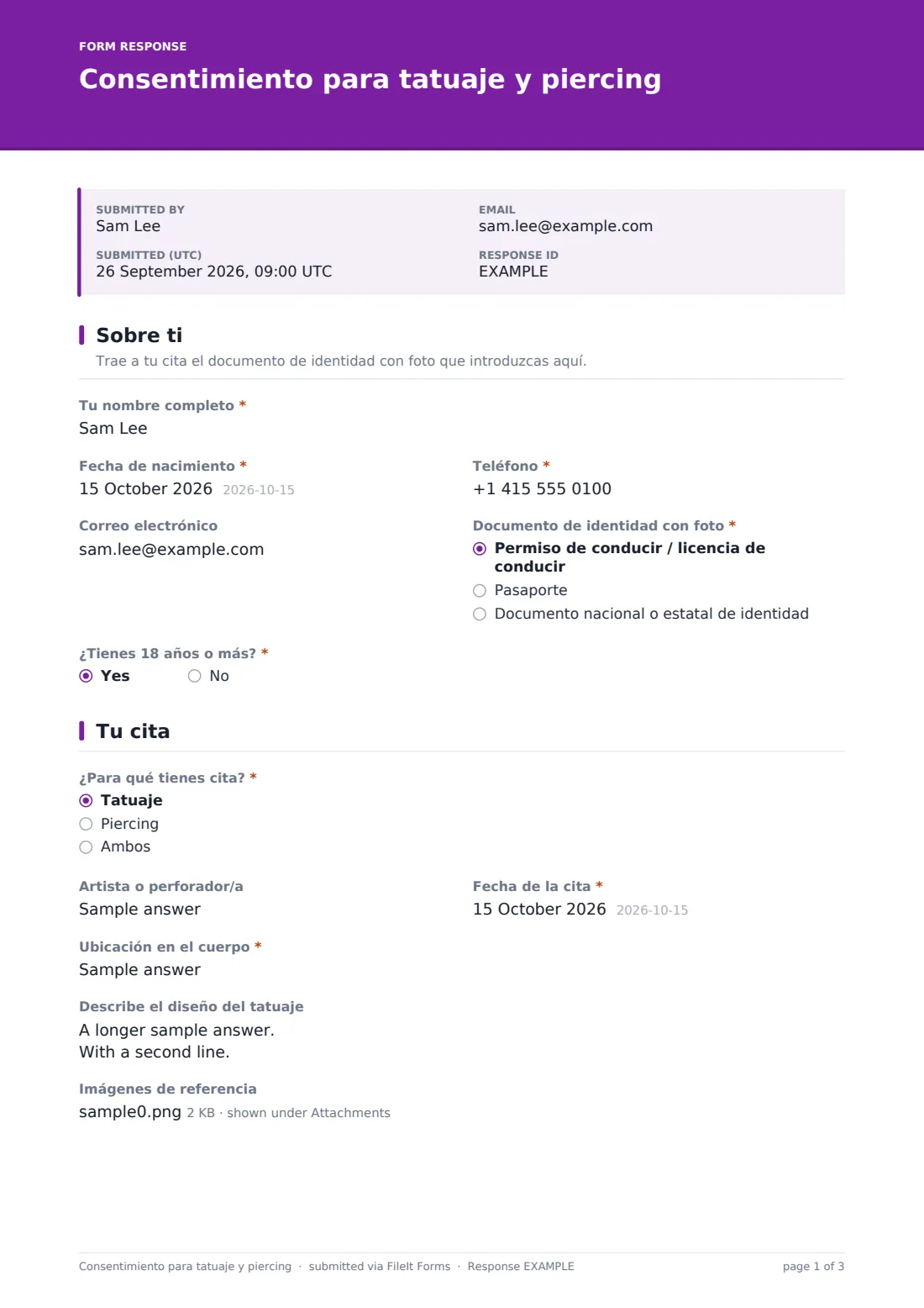 Consentimiento para tatuaje y piercing — PDF de respuesta de ejemplo, página 1 de 3