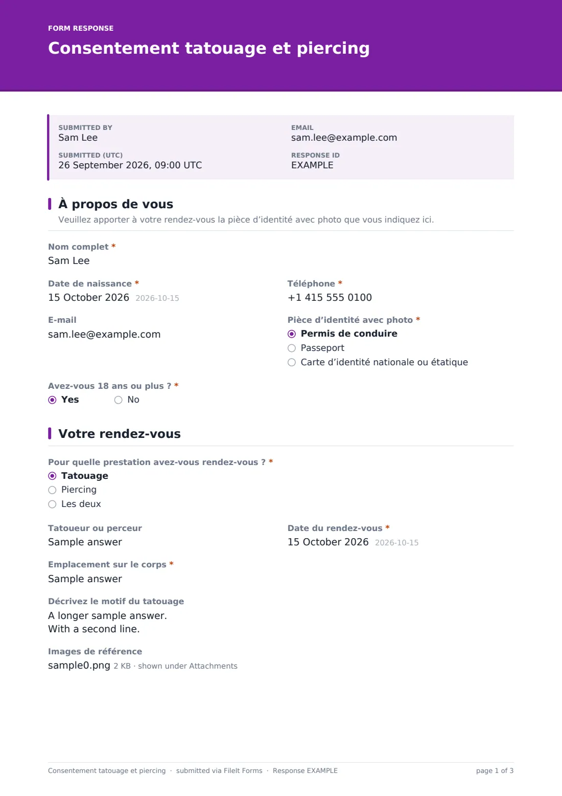 Consentement tatouage et piercing — exemple de réponse au format PDF, page 1 sur 3