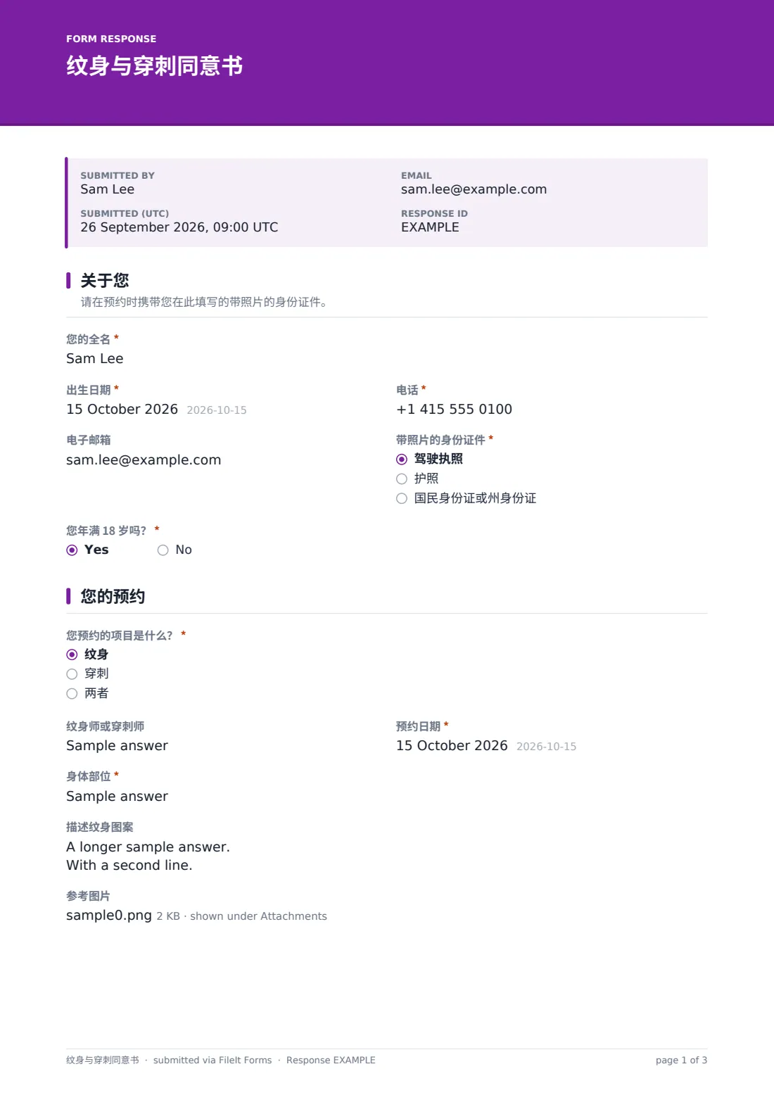 纹身与穿刺同意书 — 示例回复 PDF，第 1 页，共 3 页