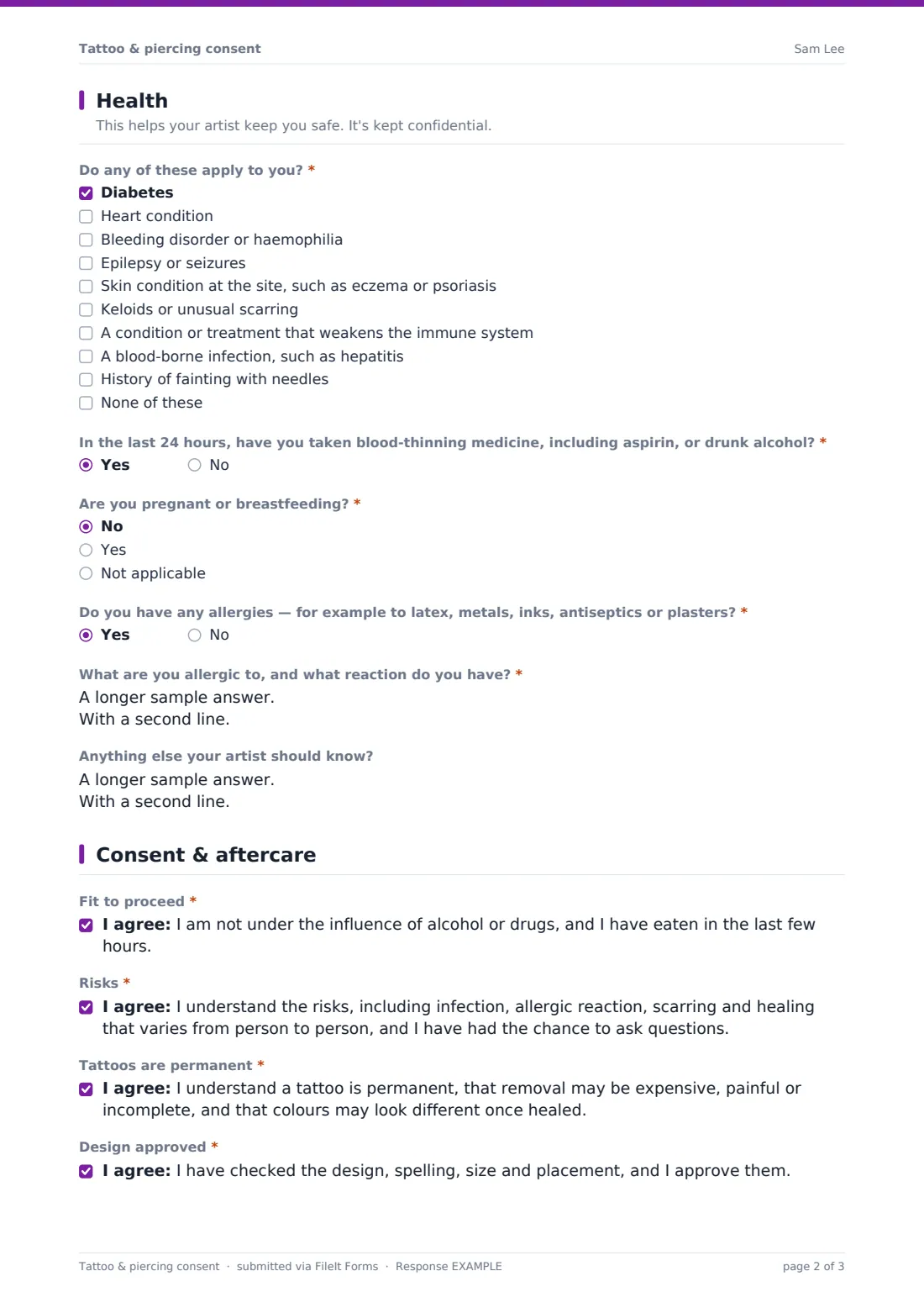 Tattoo & piercing consent — example response PDF, page 2 of 3
