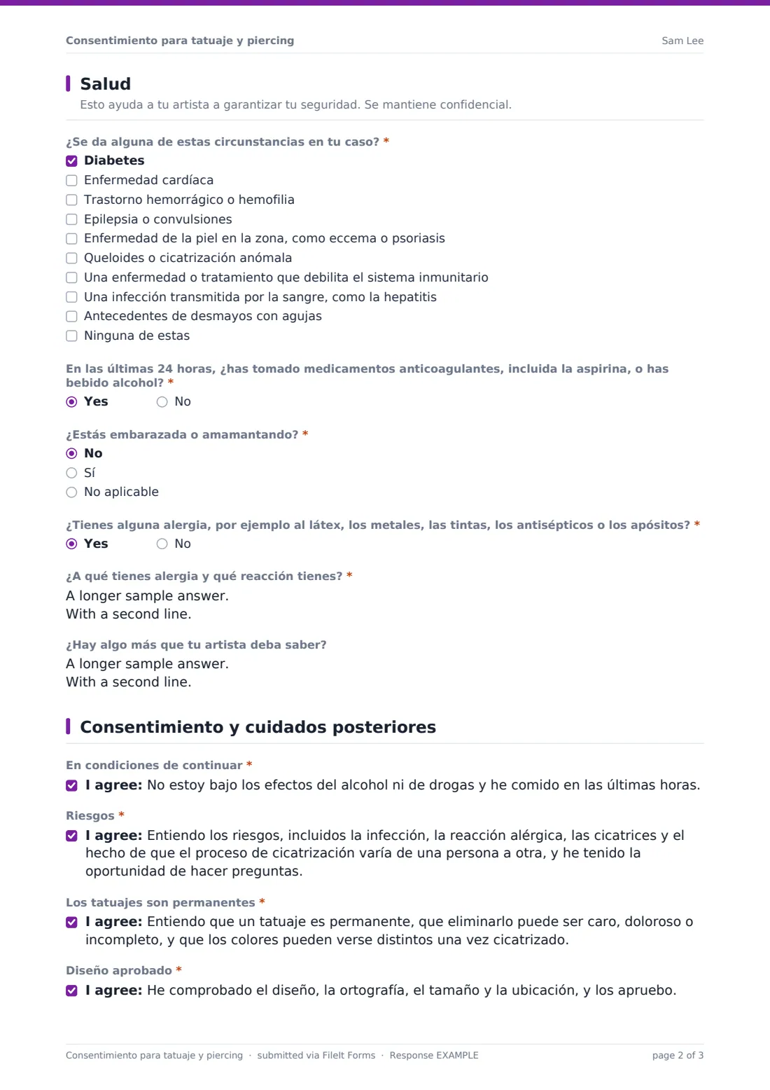 Consentimiento para tatuaje y piercing — PDF de respuesta de ejemplo, página 2 de 3