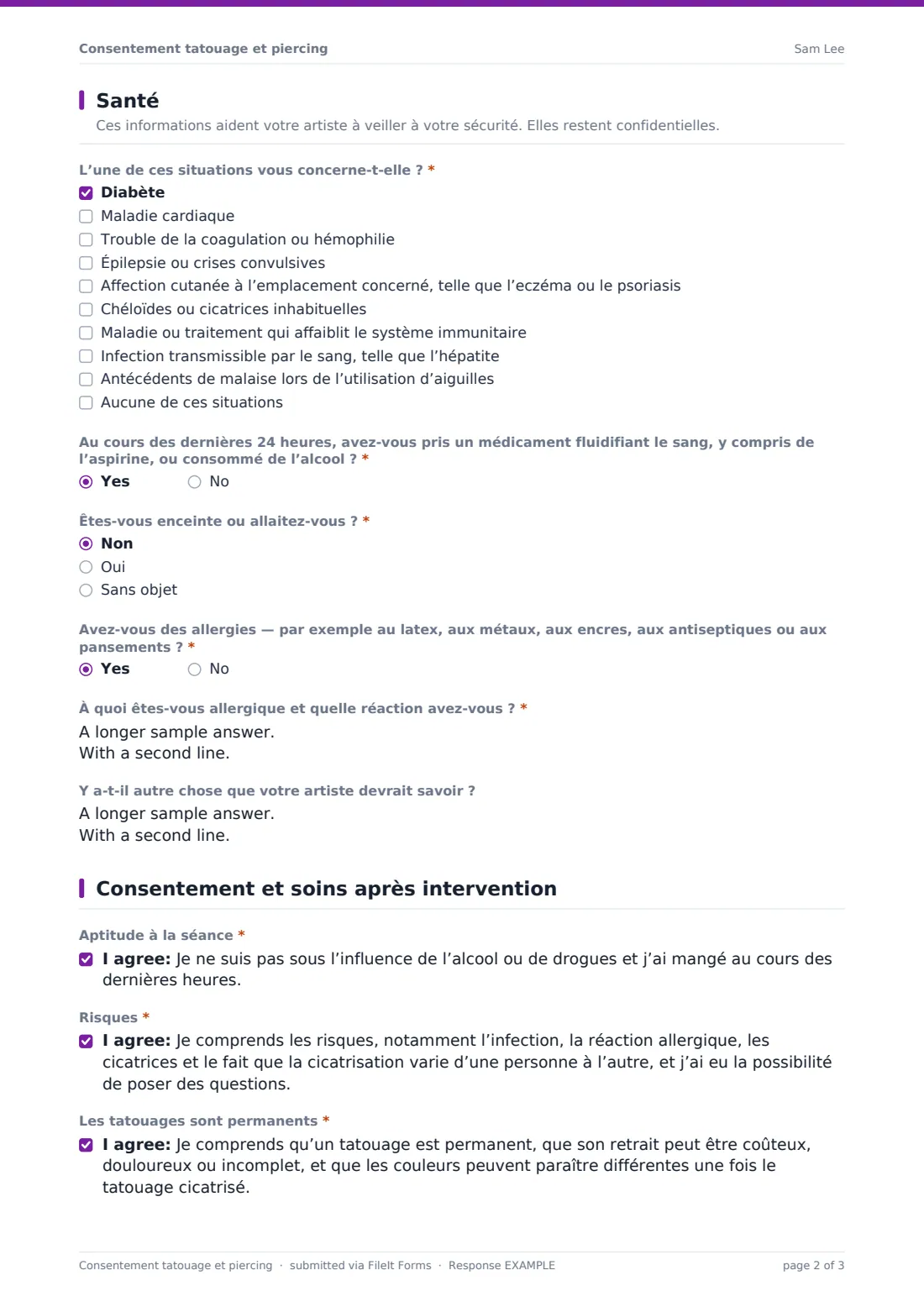 Consentement tatouage et piercing — exemple de réponse au format PDF, page 2 sur 3