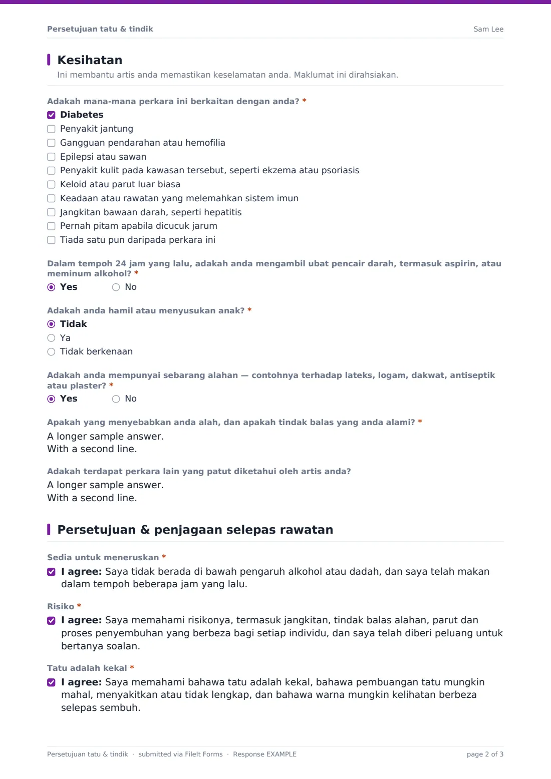 Persetujuan tatu & tindik — PDF respons contoh, halaman 2 daripada 3