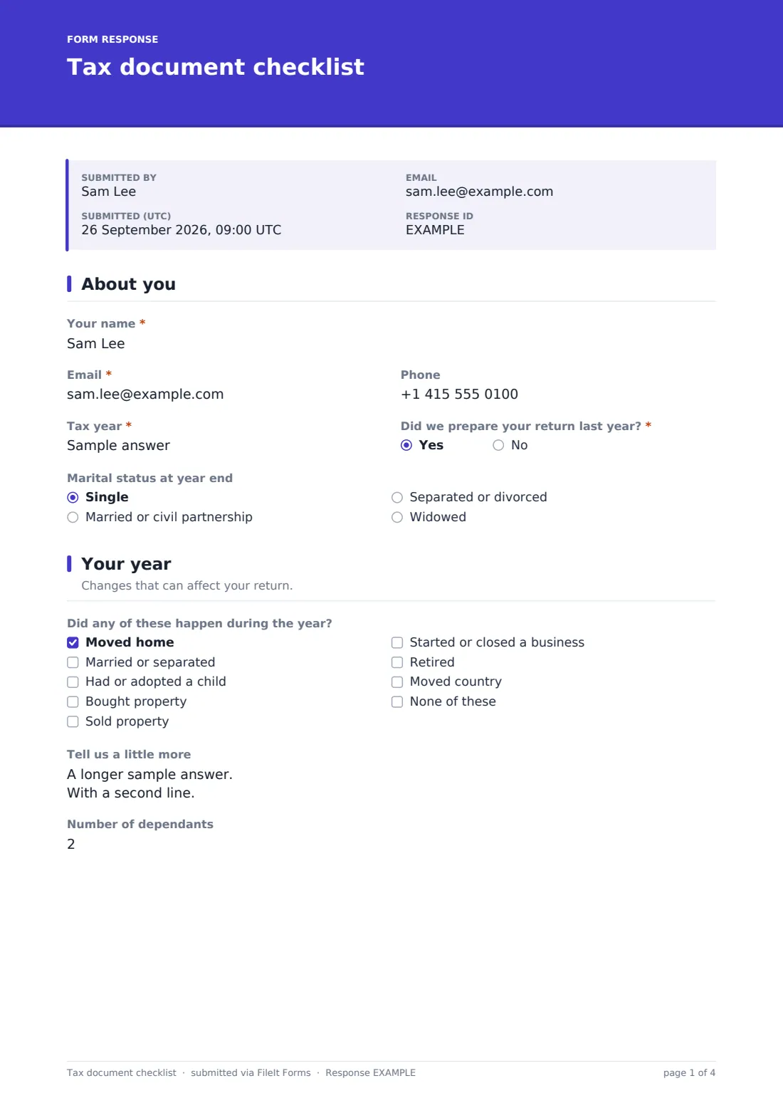 Tax document checklist — example response PDF, page 1 of 4