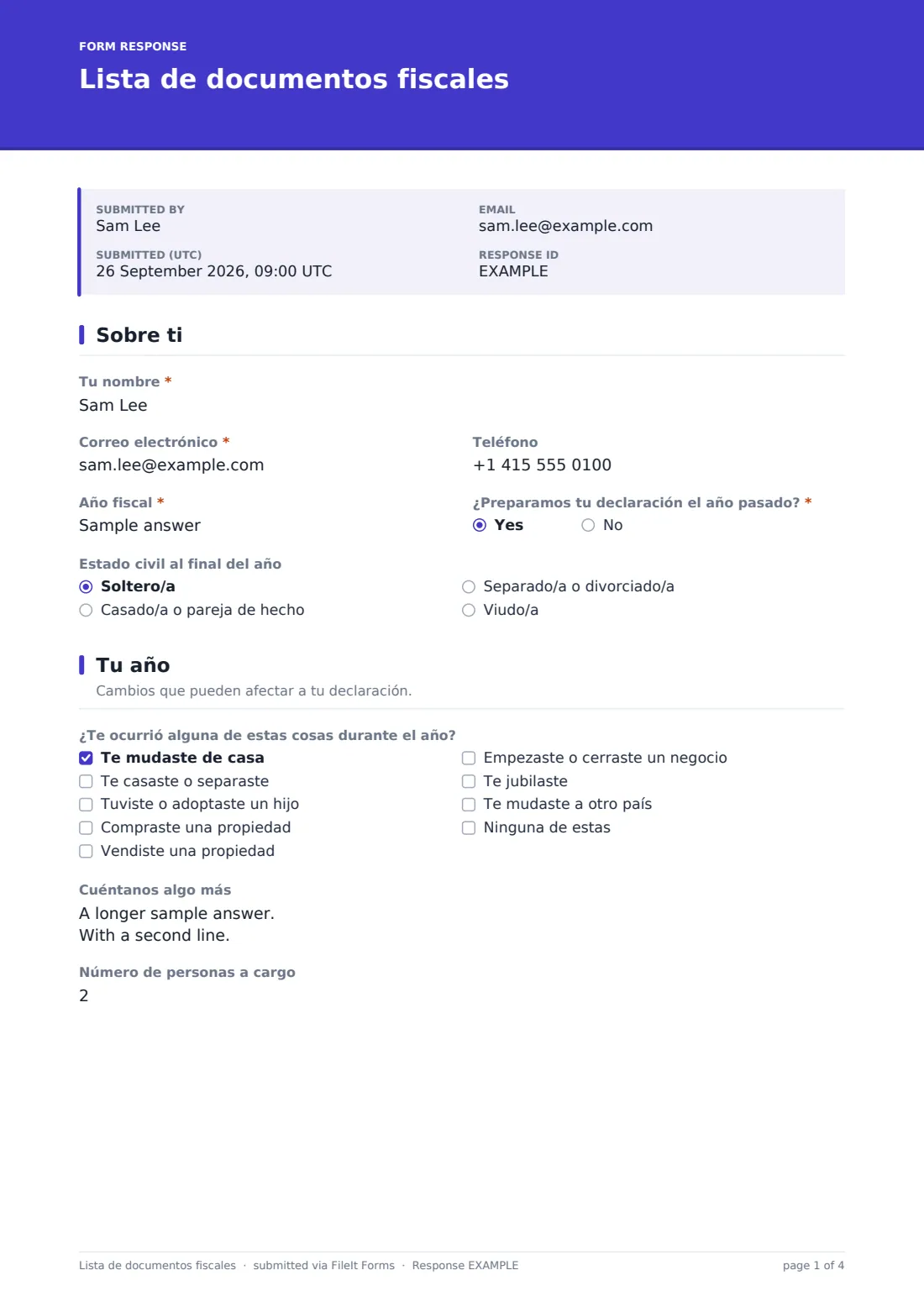 Lista de documentos fiscales — PDF de respuesta de ejemplo, página 1 de 4