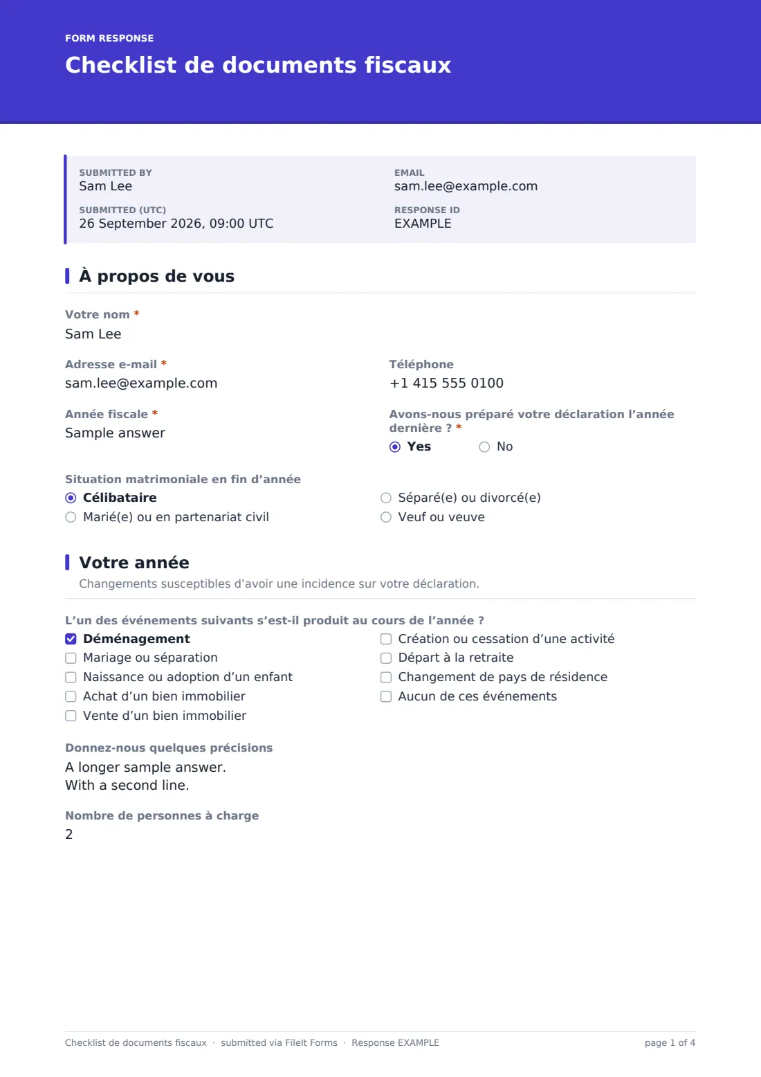 Checklist de documents fiscaux — exemple de réponse au format PDF, page 1 sur 4