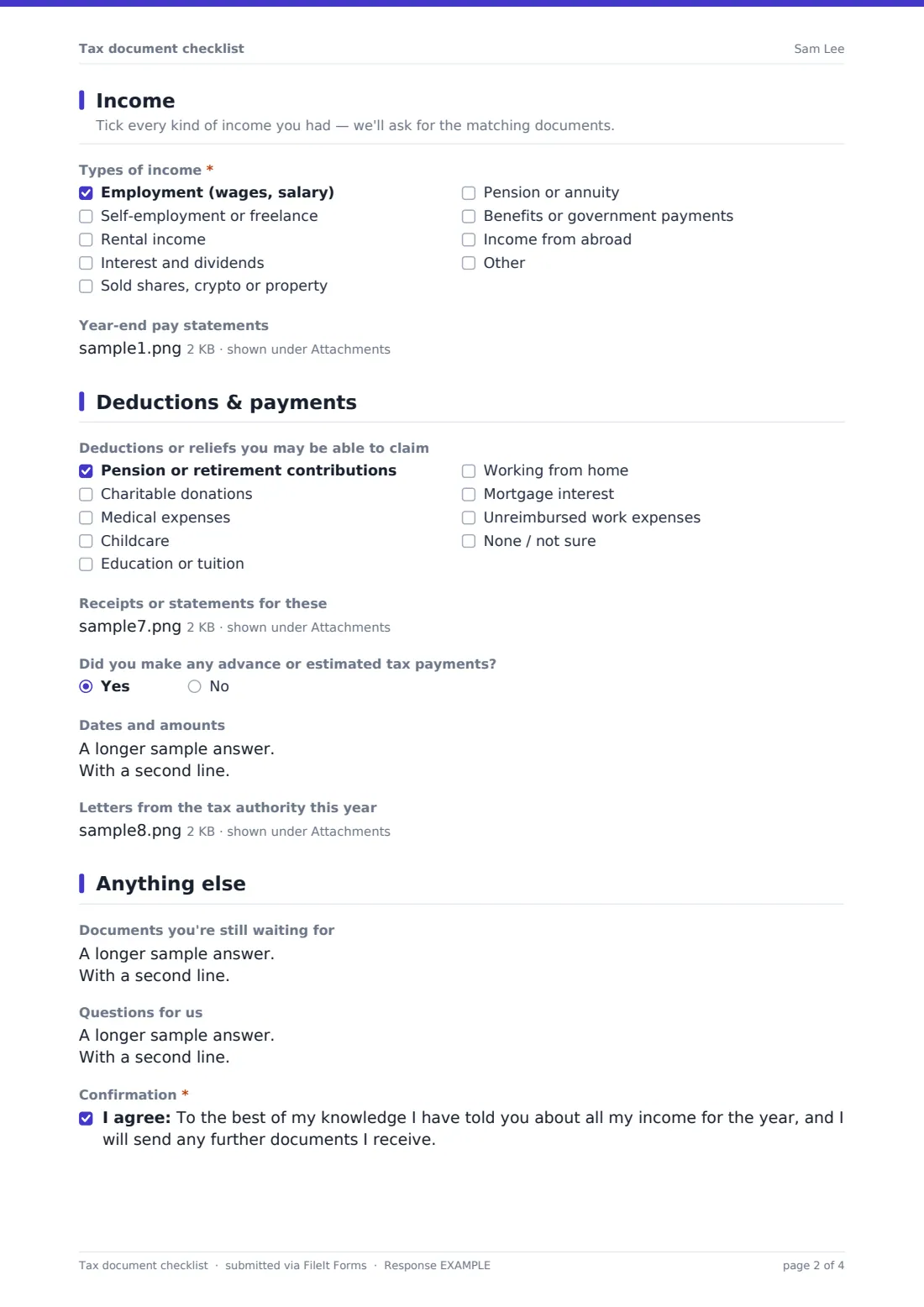 Tax document checklist — example response PDF, page 2 of 4