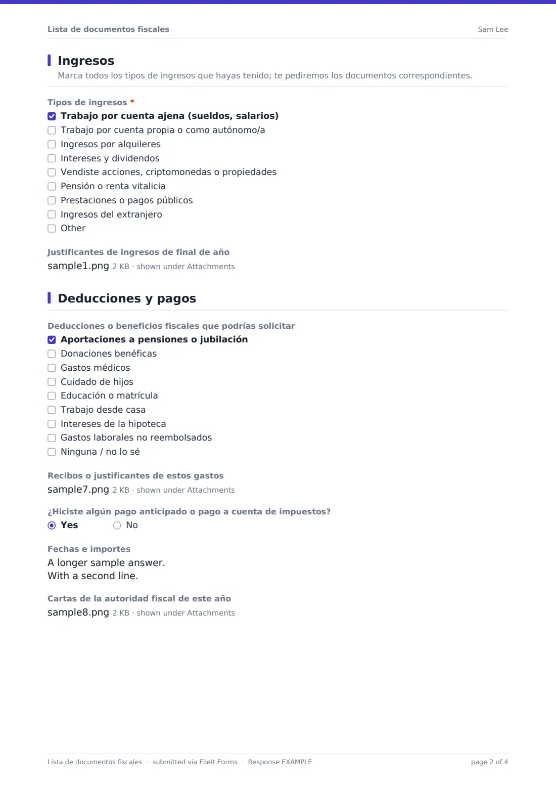Lista de documentos fiscales — PDF de respuesta de ejemplo, página 2 de 4
