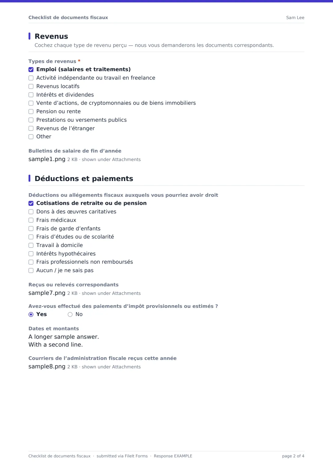 Checklist de documents fiscaux — exemple de réponse au format PDF, page 2 sur 4