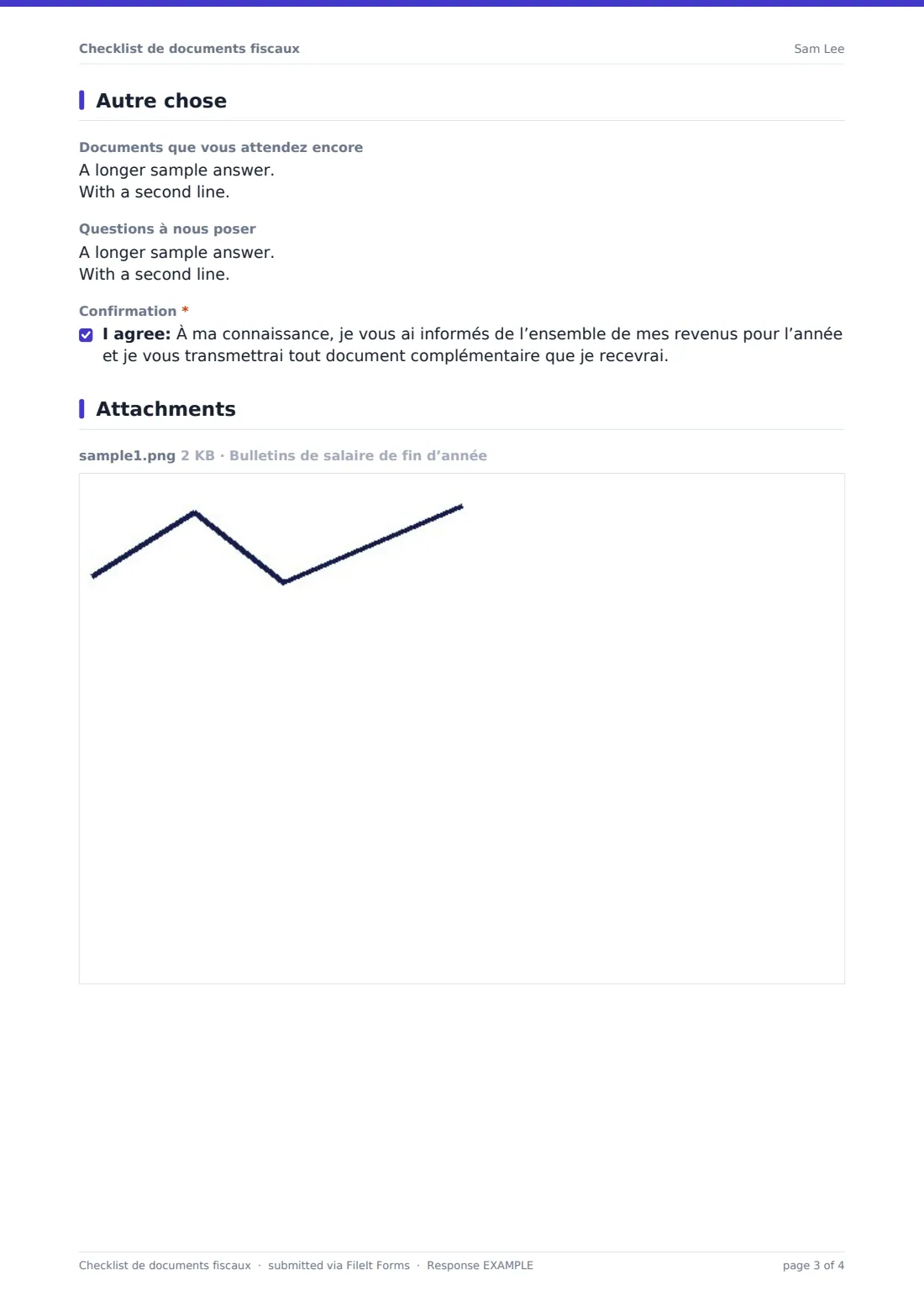 Checklist de documents fiscaux — exemple de réponse au format PDF, page 3 sur 4