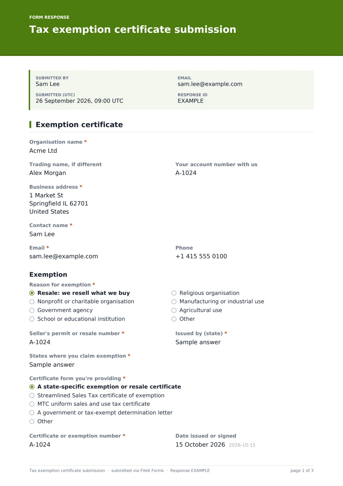 Tax exemption certificate submission — example response PDF, page 1 of 3