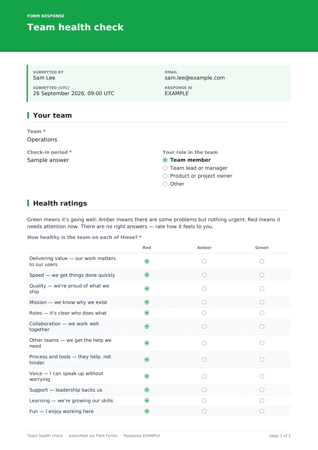 Team health check — example response PDF, page 1 of 2