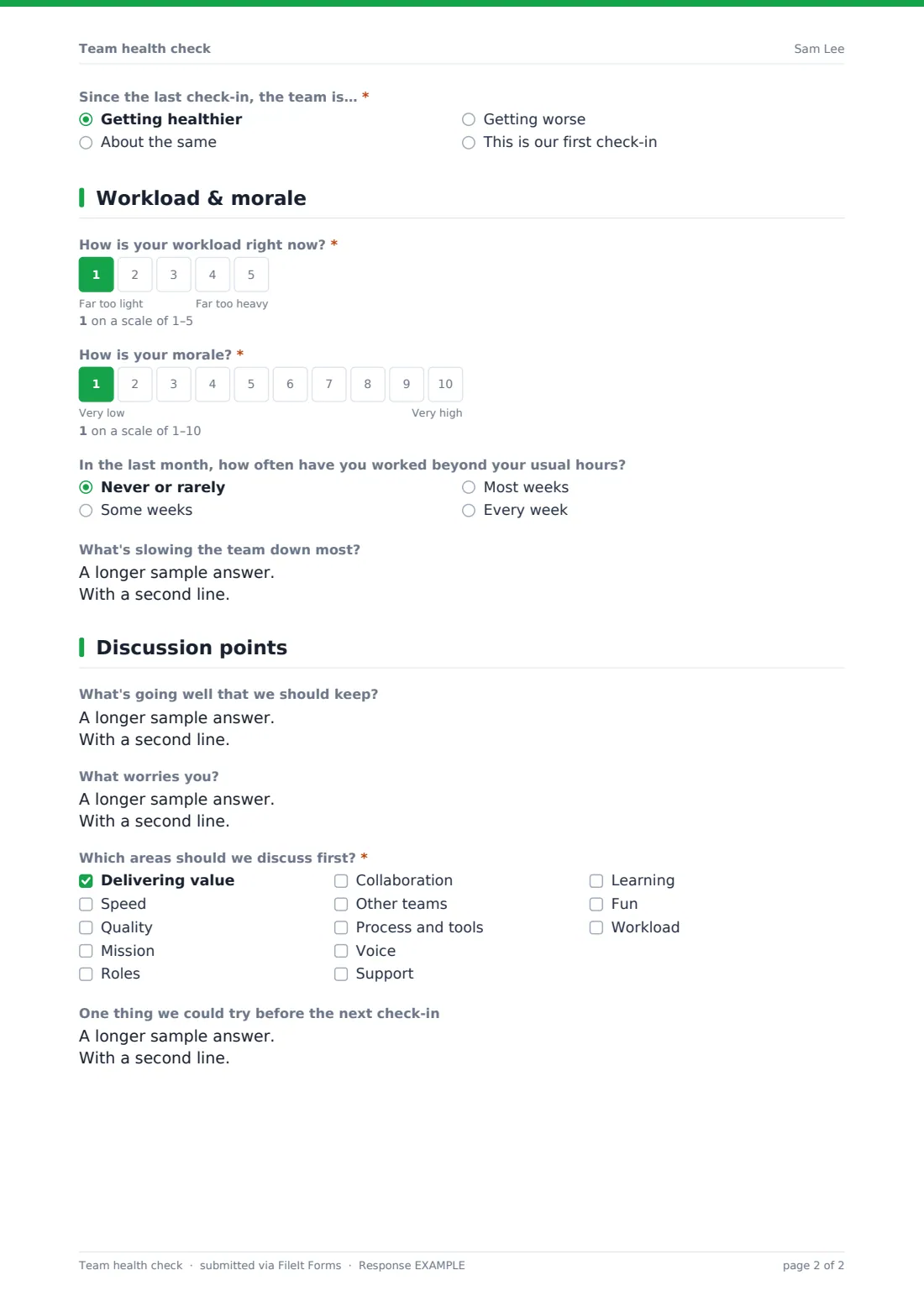 Team health check — example response PDF, page 2 of 2