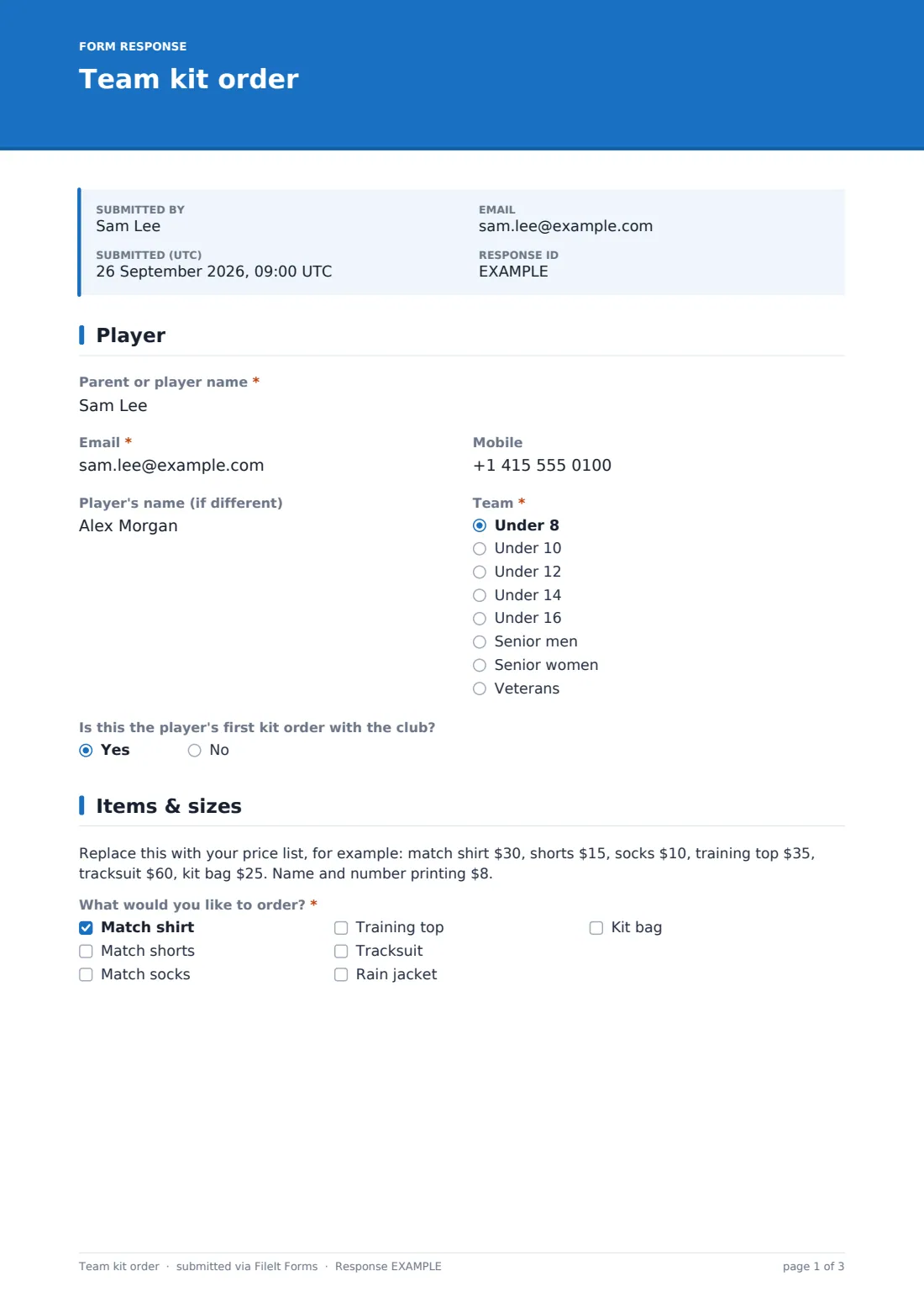 Team kit order — example response PDF, page 1 of 3