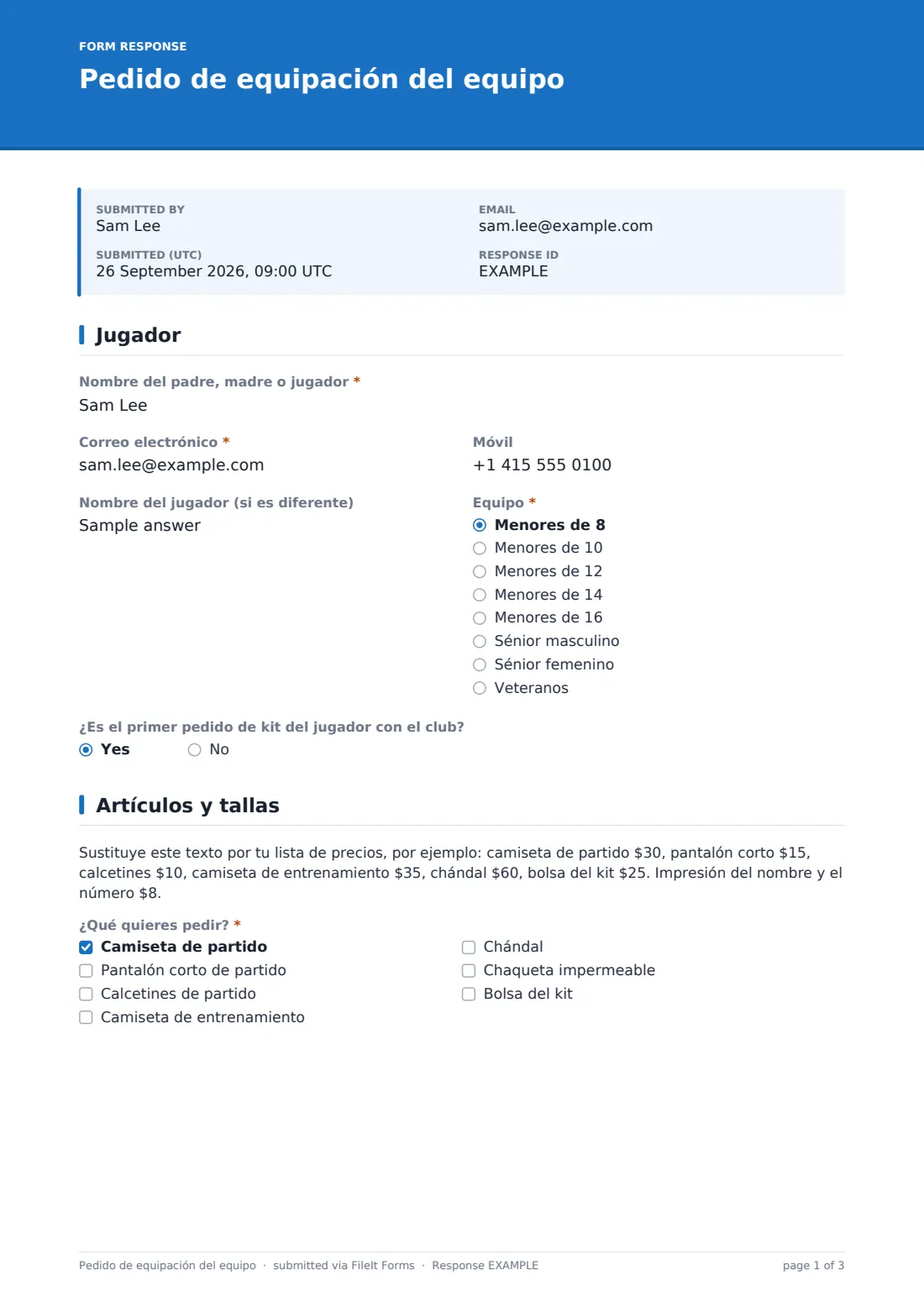 Pedido de equipación del equipo — PDF de respuesta de ejemplo, página 1 de 3