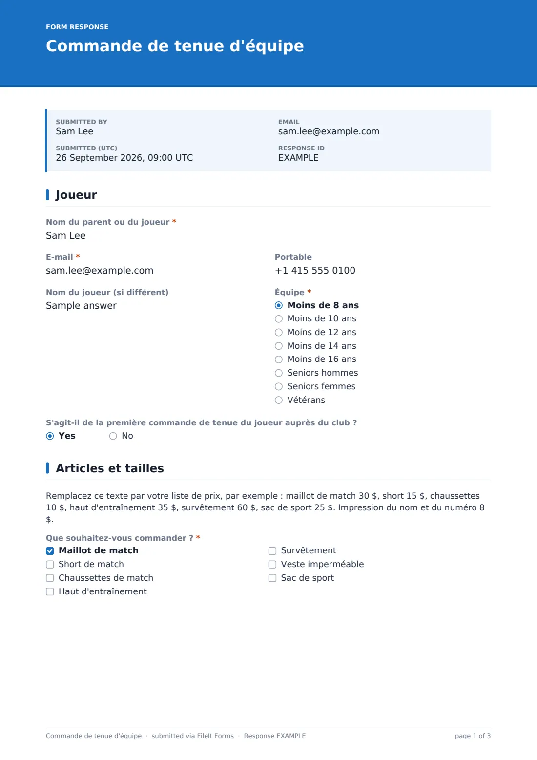 Commande de tenue d'équipe — exemple de réponse au format PDF, page 1 sur 3