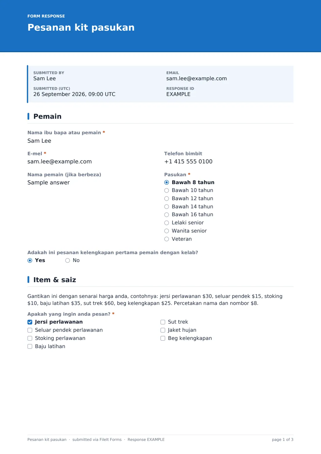 Pesanan kit pasukan — PDF respons contoh, halaman 1 daripada 3