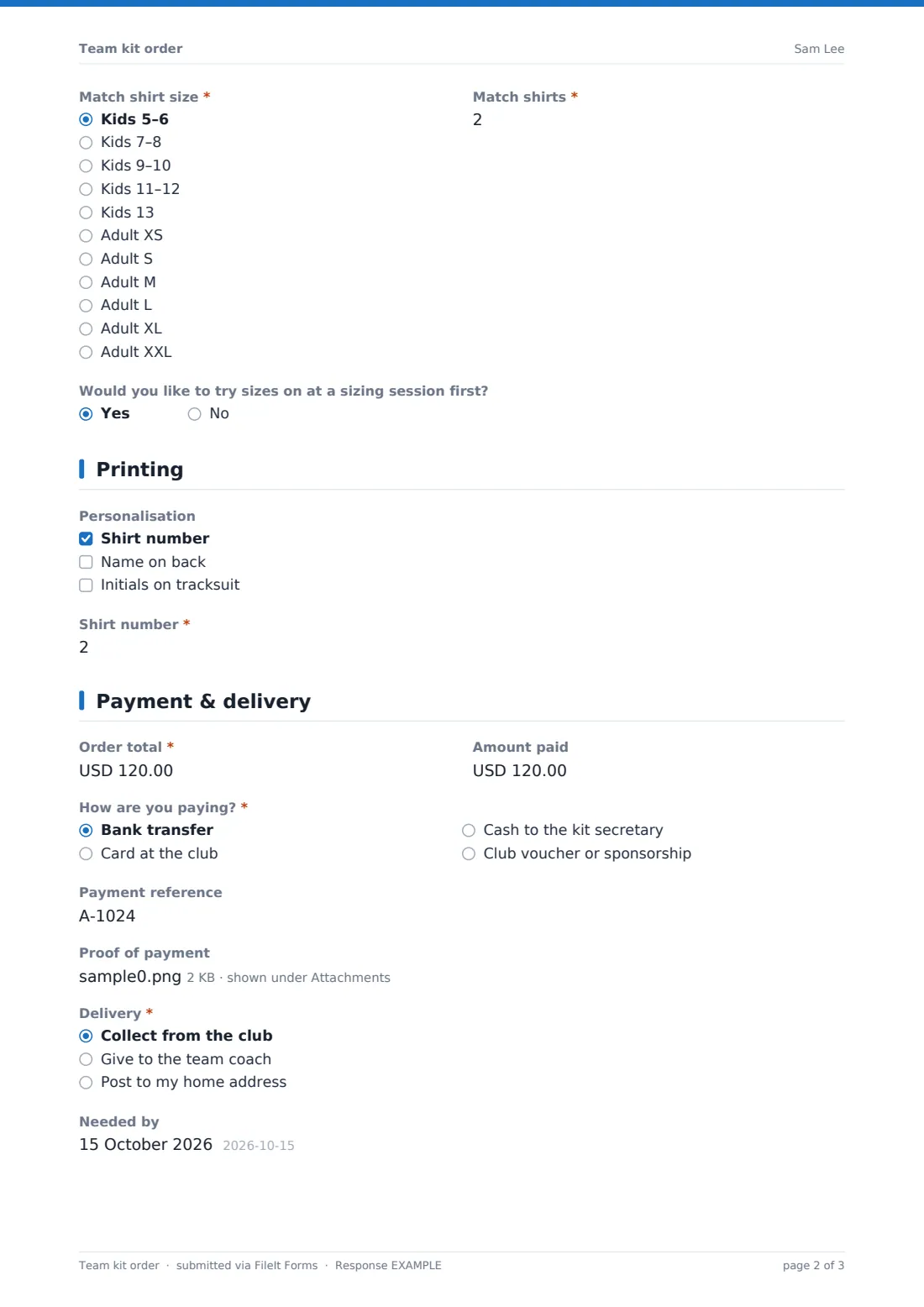 Team kit order — example response PDF, page 2 of 3