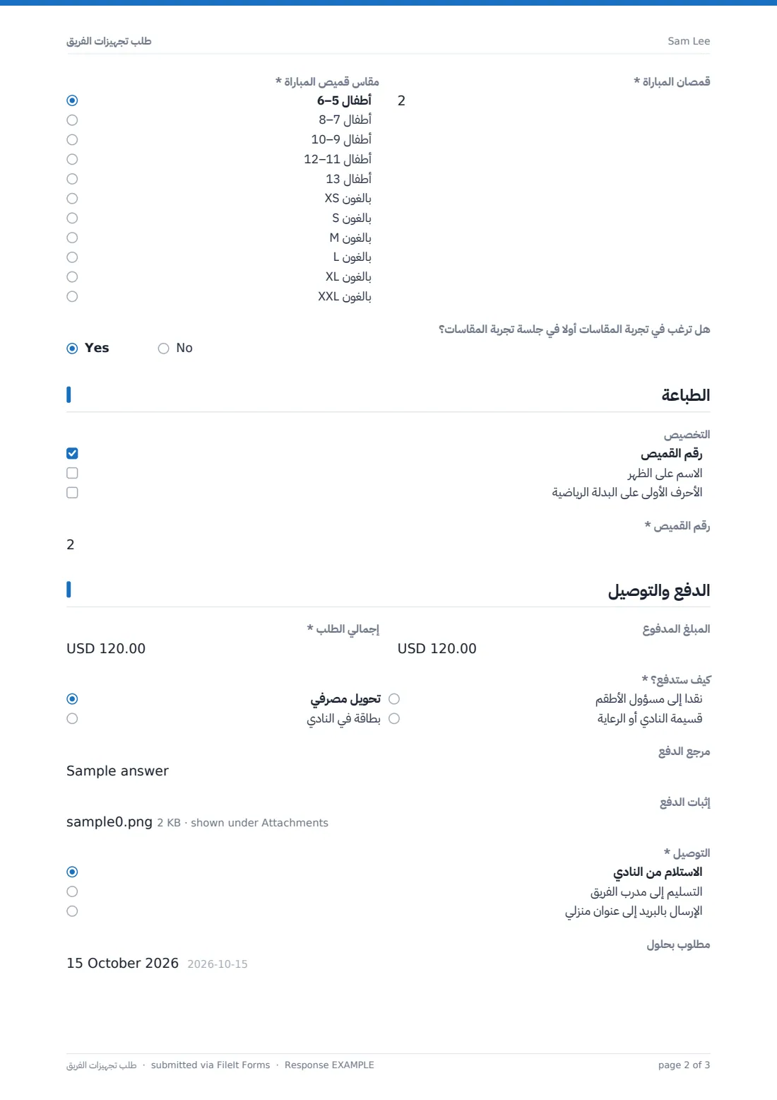 طلب تجهيزات الفريق — ملف PDF لرد نموذجي، الصفحة 2 من 3