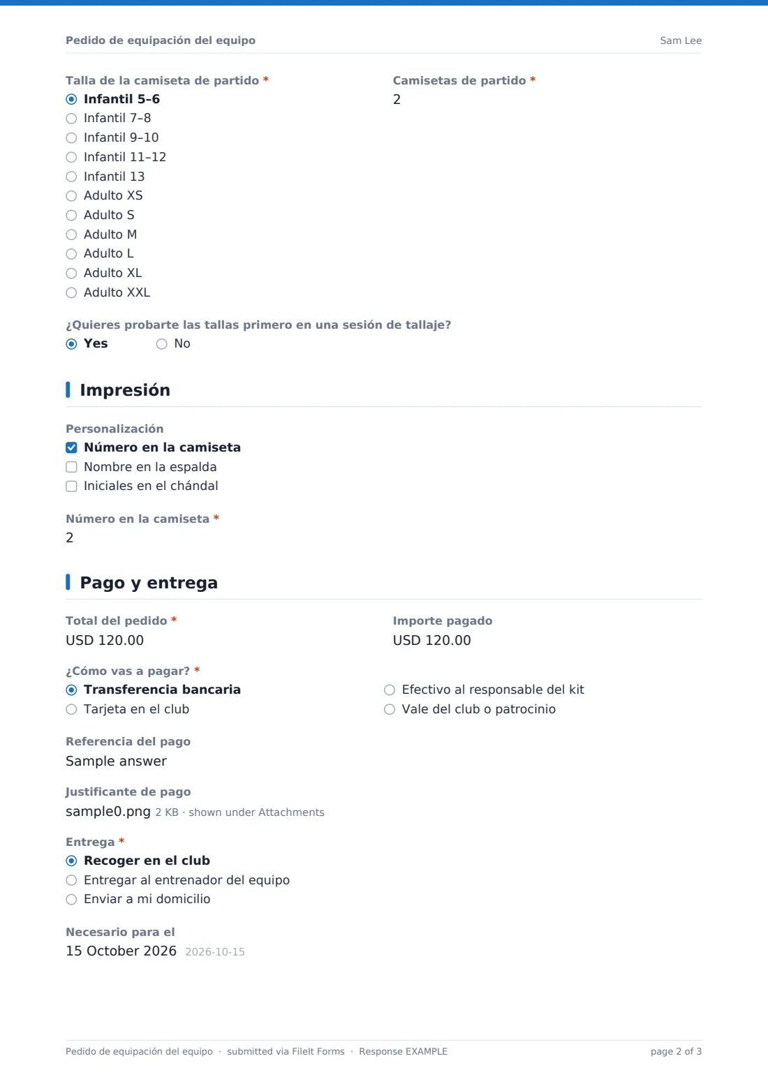 Pedido de equipación del equipo — PDF de respuesta de ejemplo, página 2 de 3