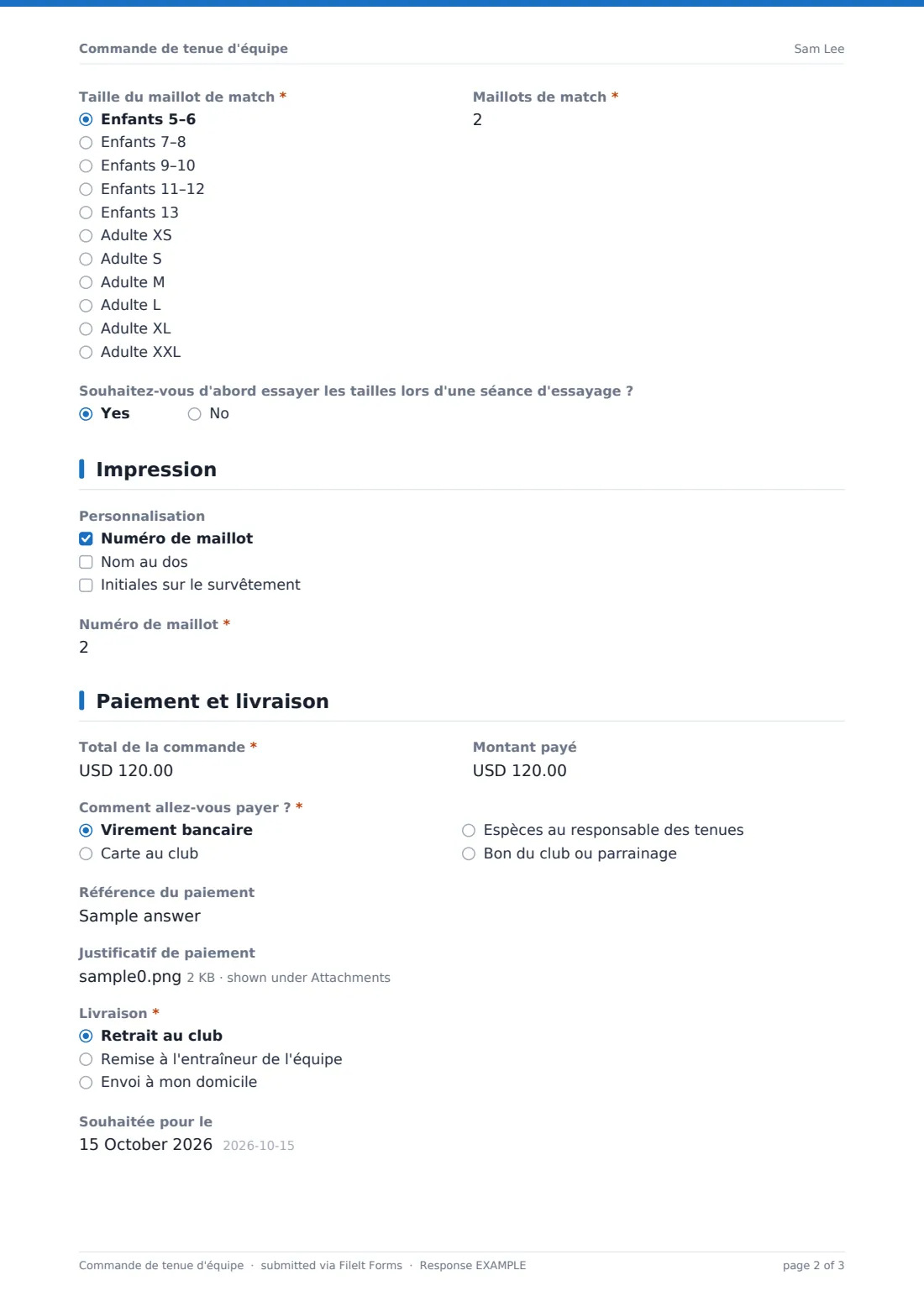 Commande de tenue d'équipe — exemple de réponse au format PDF, page 2 sur 3