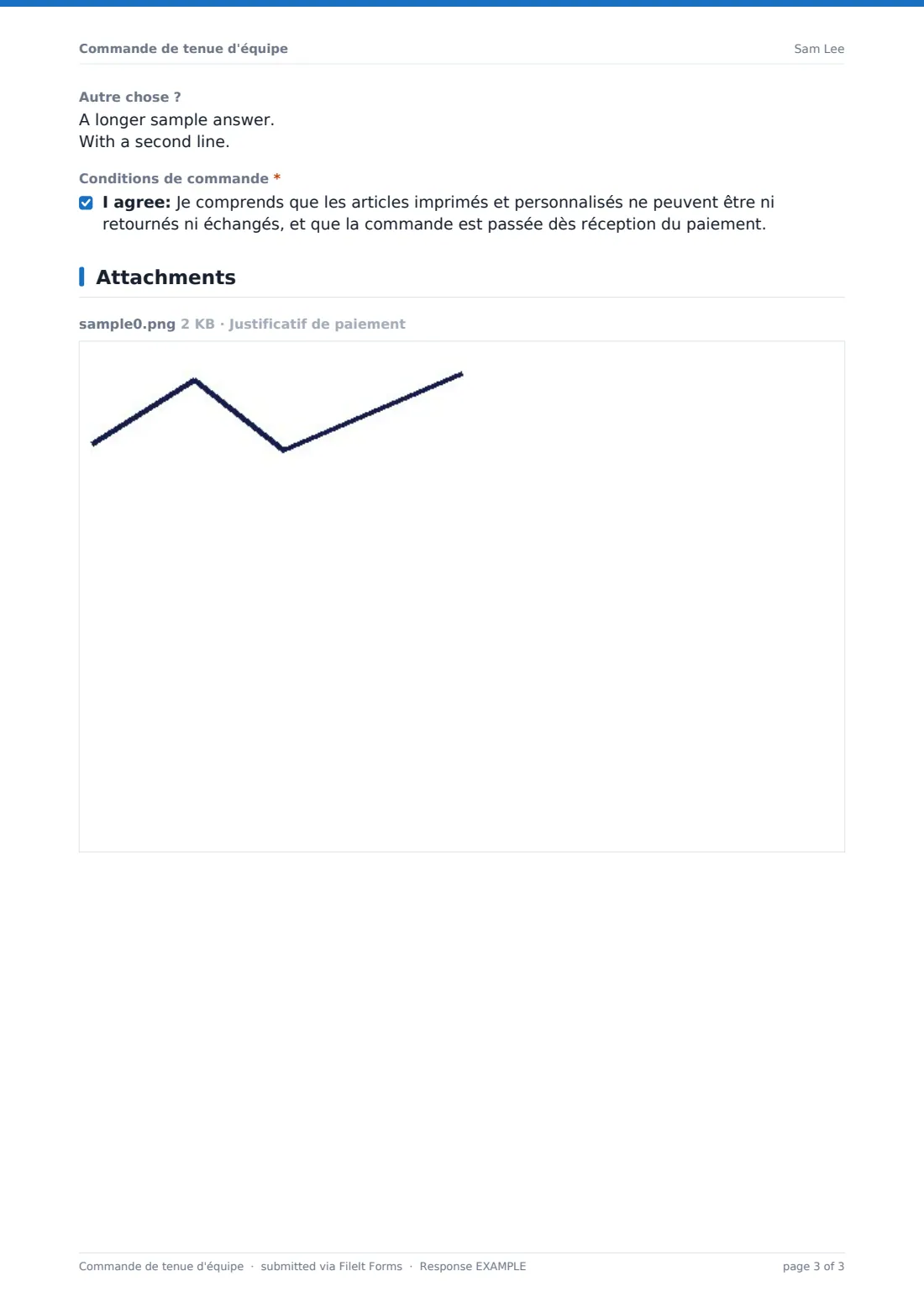 Commande de tenue d'équipe — exemple de réponse au format PDF, page 3 sur 3