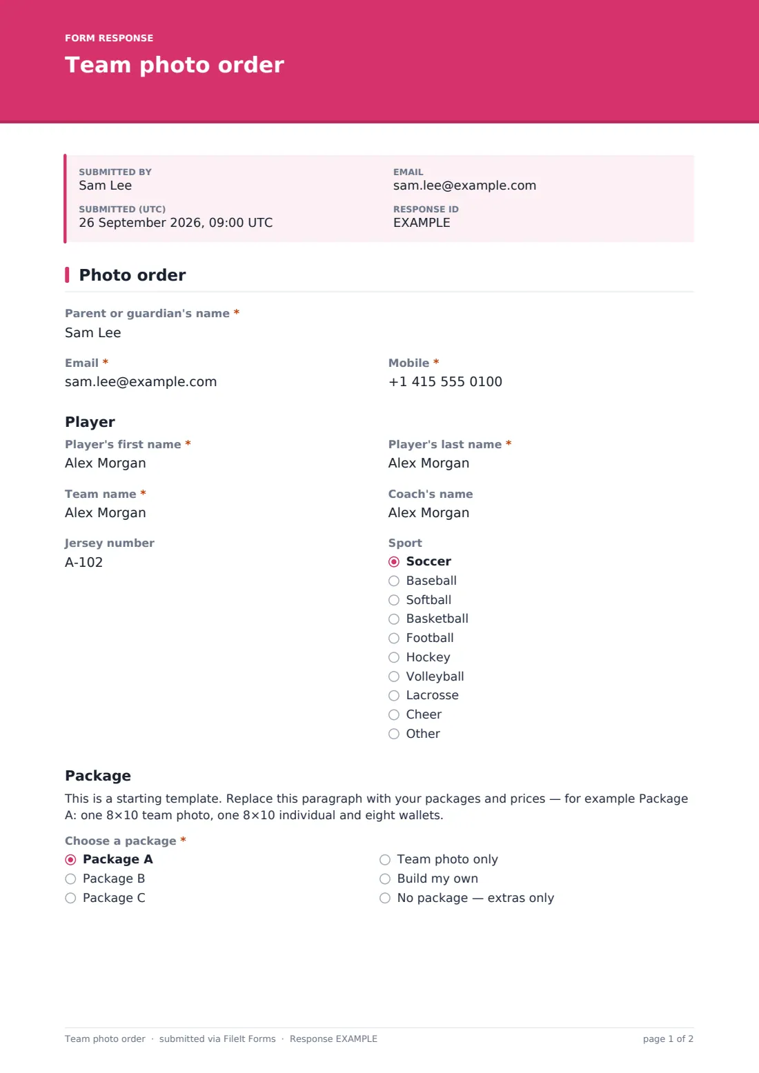 Team photo order — example response PDF, page 1 of 2