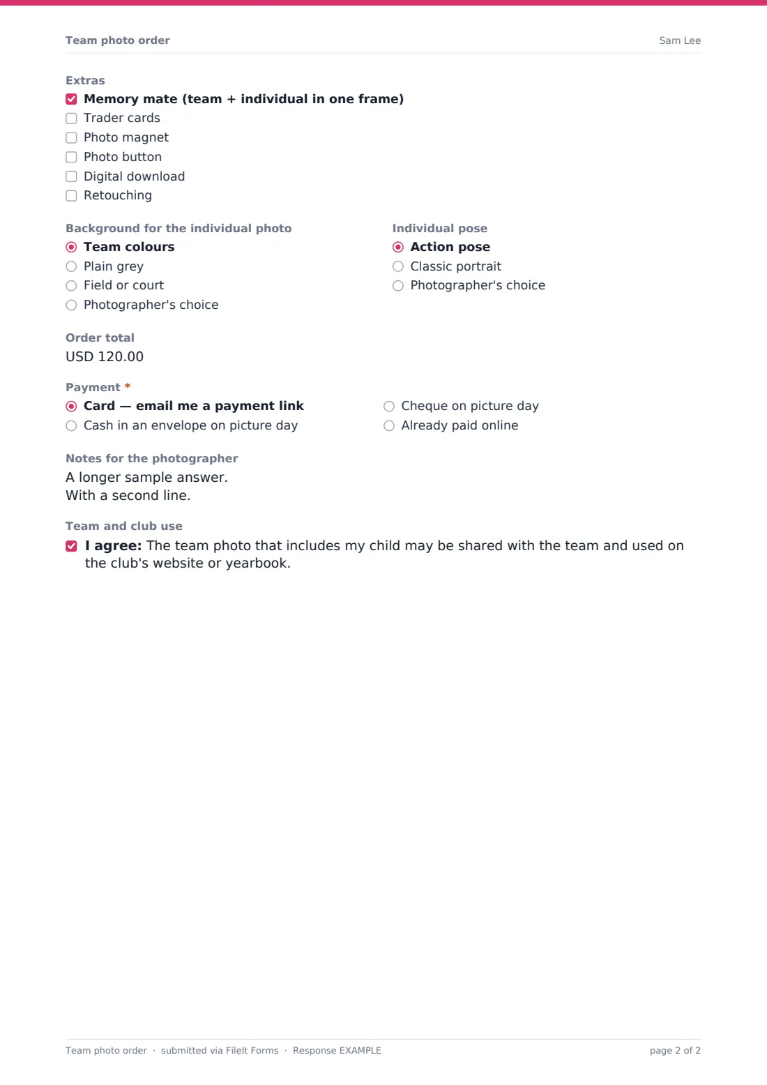 Team photo order — example response PDF, page 2 of 2