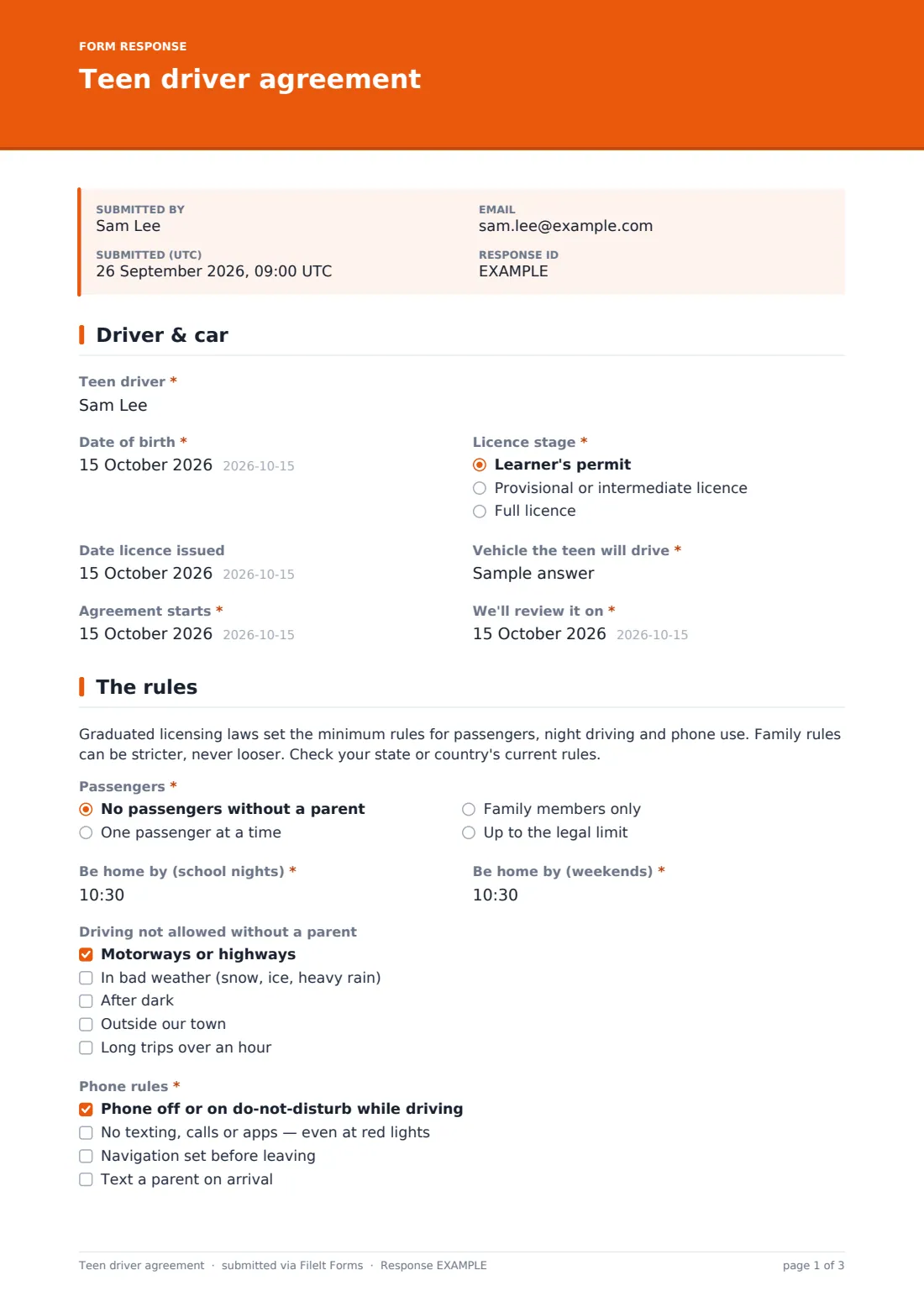 Teen driver agreement — example response PDF, page 1 of 3