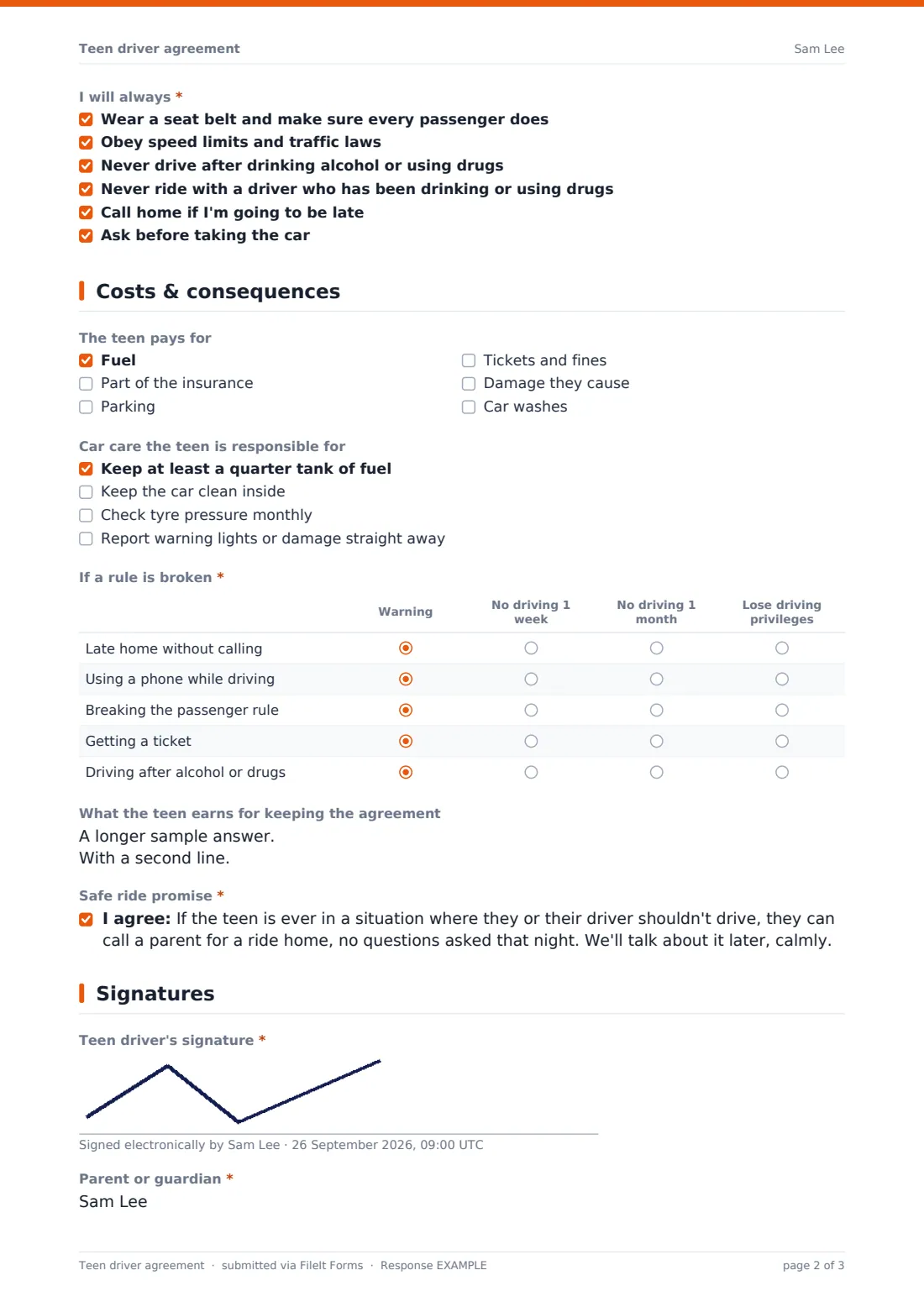 Teen driver agreement — example response PDF, page 2 of 3