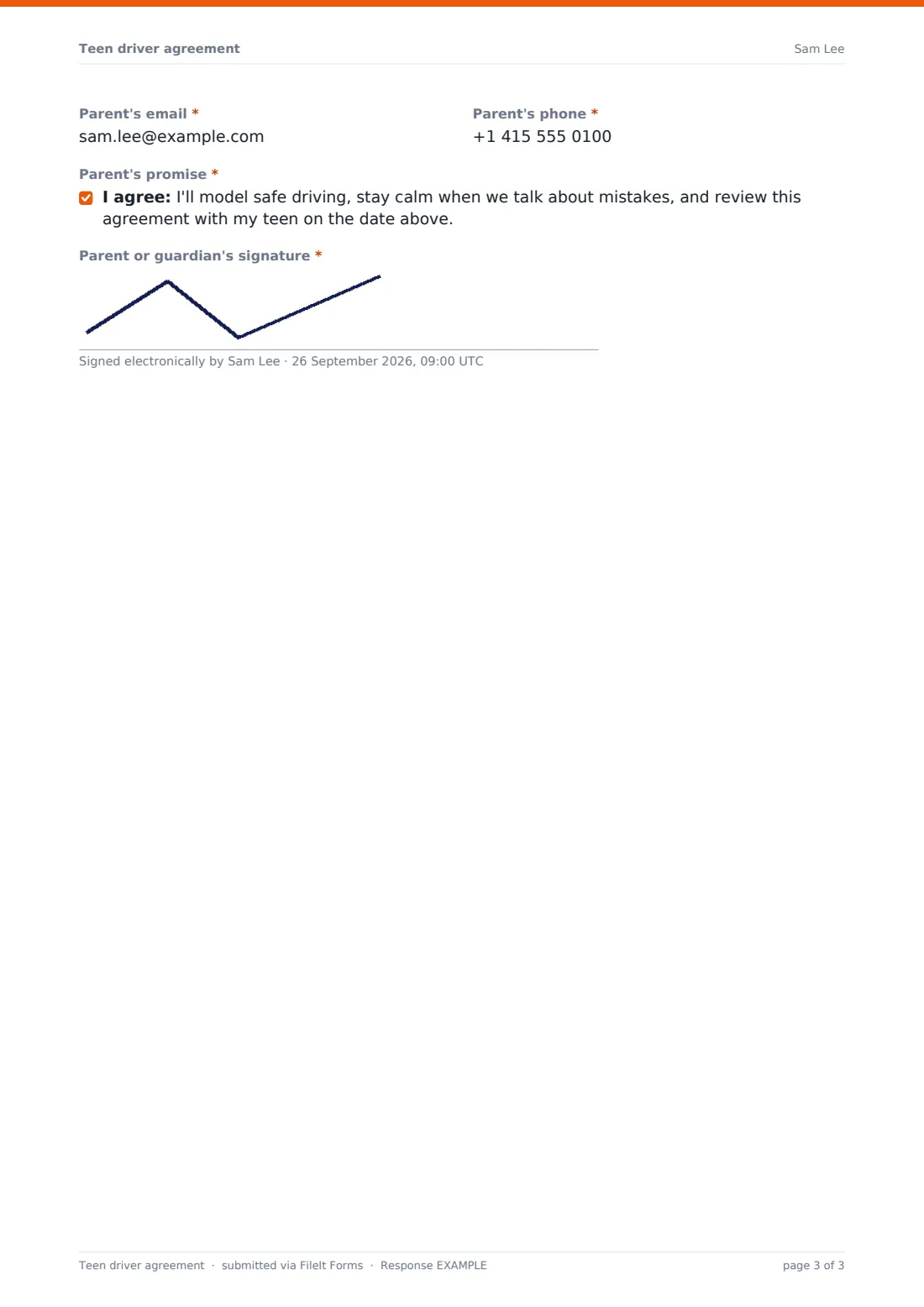 Teen driver agreement — example response PDF, page 3 of 3