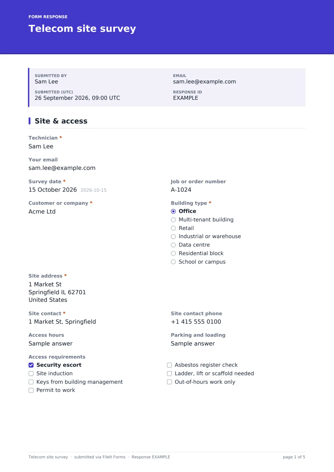 Telecom site survey — example response PDF, page 1 of 5