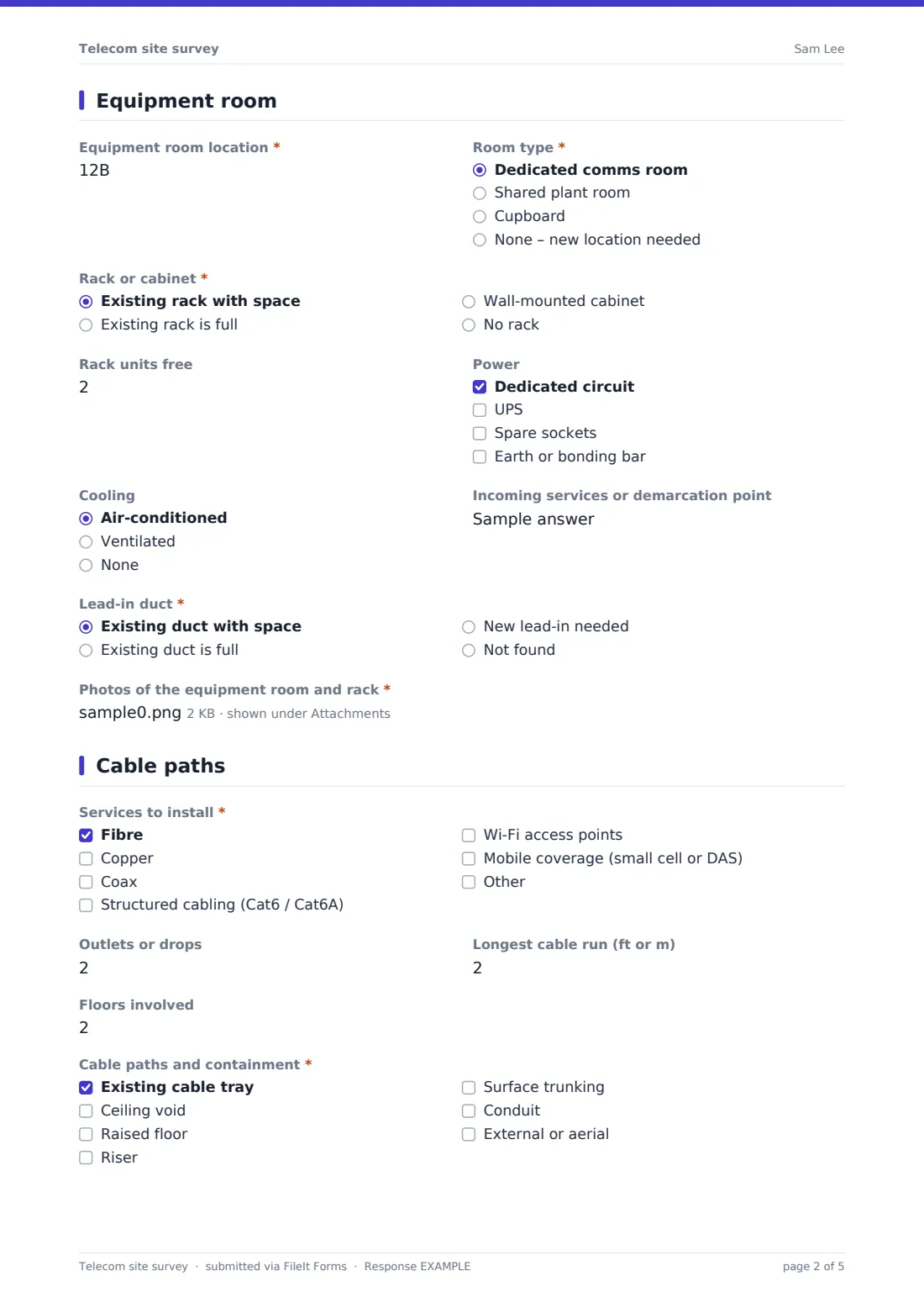 Telecom site survey — example response PDF, page 2 of 5