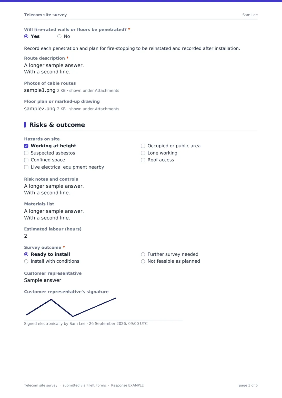 Telecom site survey — example response PDF, page 3 of 5