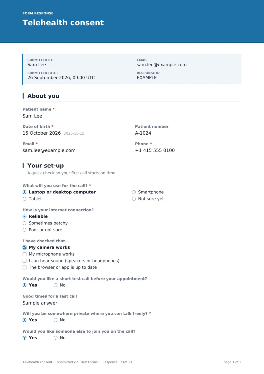 Telehealth consent — example response PDF, page 1 of 2