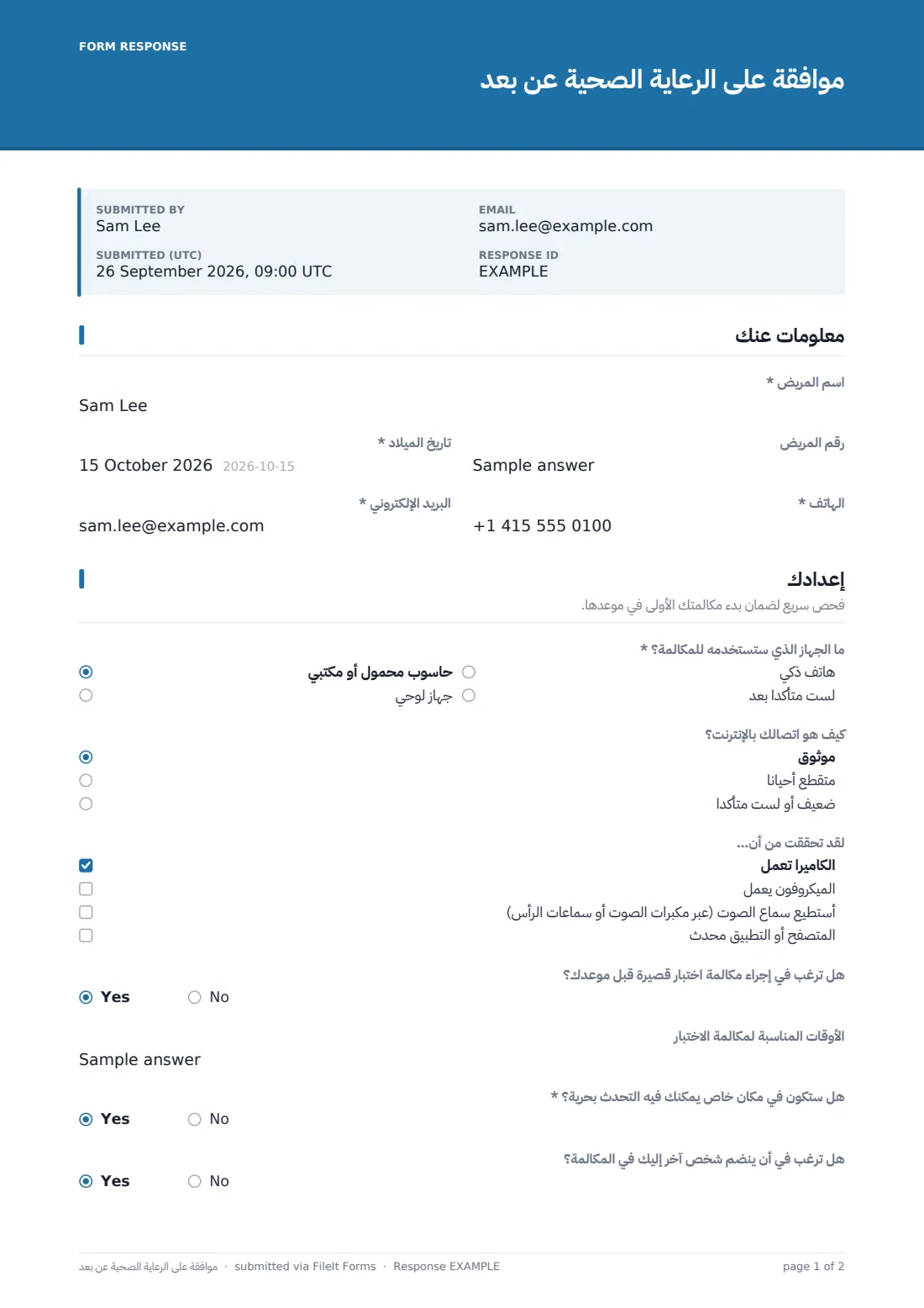 موافقة على الرعاية الصحية عن بُعد — ملف PDF لرد نموذجي، الصفحة 1 من 2