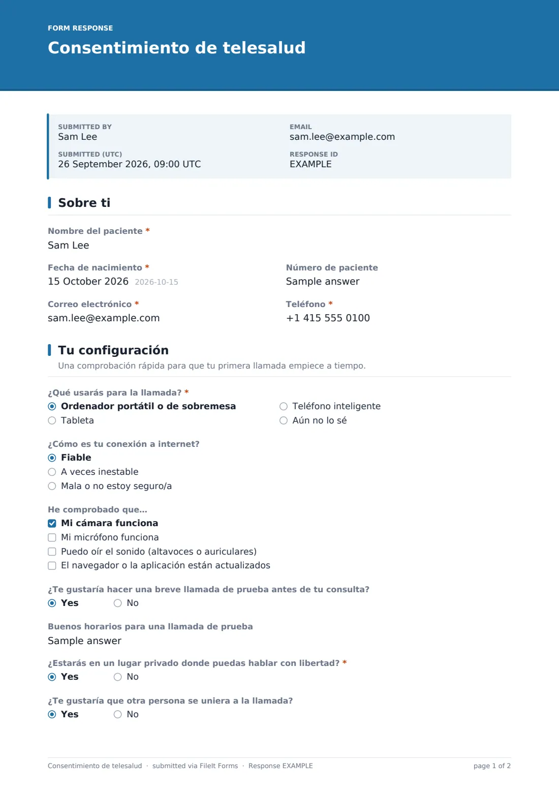 Consentimiento de telesalud — PDF de respuesta de ejemplo, página 1 de 2