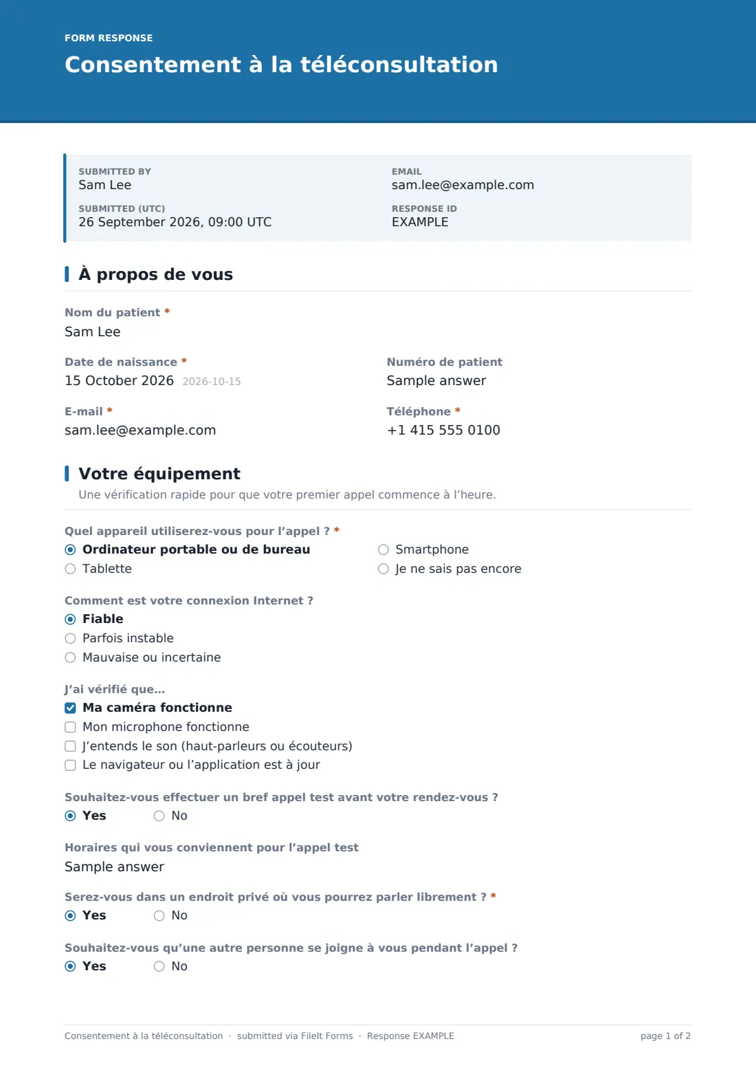 Consentement à la téléconsultation — exemple de réponse au format PDF, page 1 sur 2