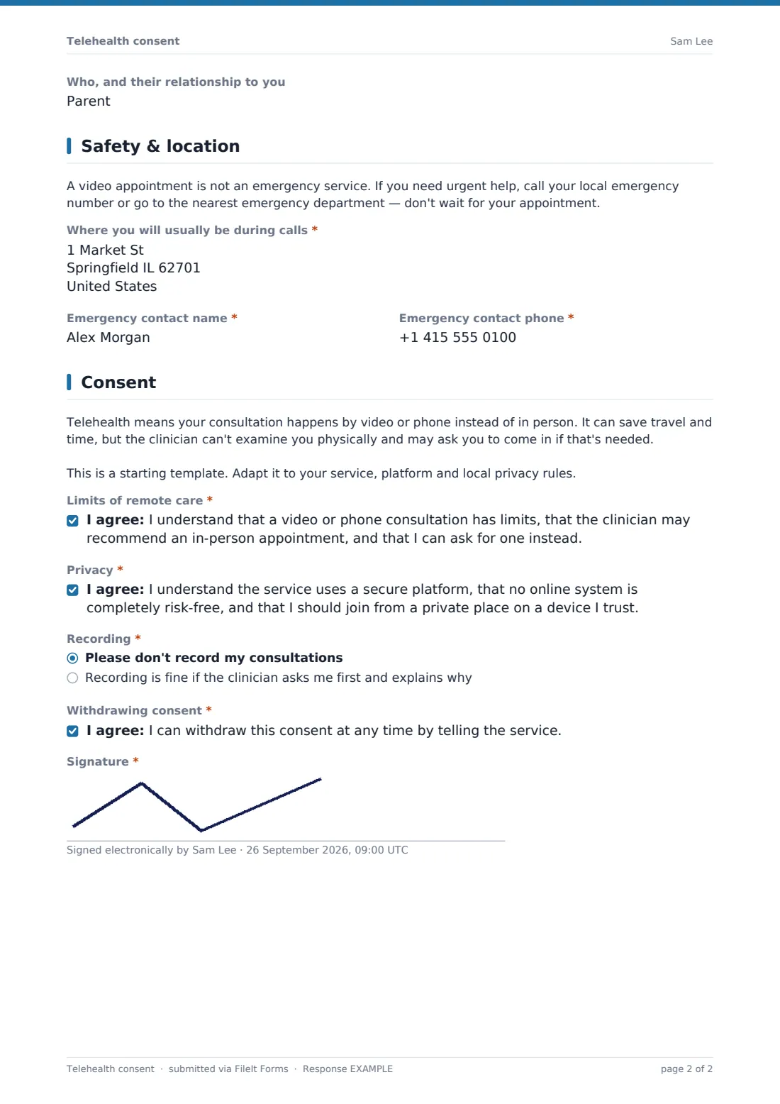 Telehealth consent — example response PDF, page 2 of 2