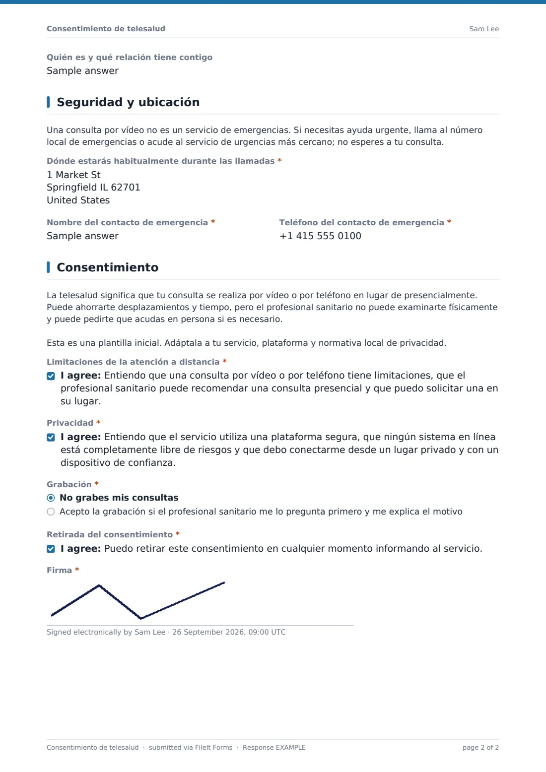 Consentimiento de telesalud — PDF de respuesta de ejemplo, página 2 de 2