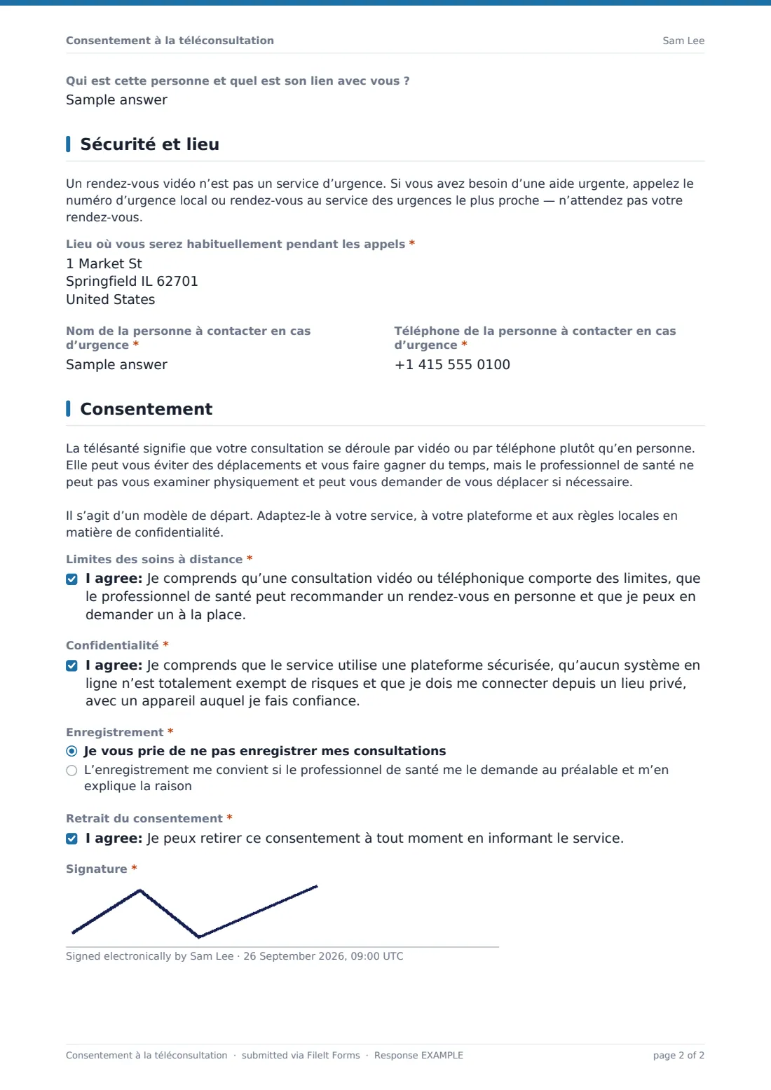 Consentement à la téléconsultation — exemple de réponse au format PDF, page 2 sur 2