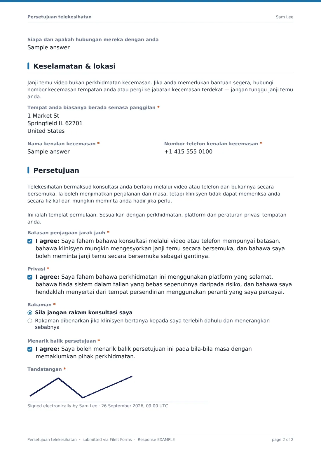 Persetujuan telekesihatan — PDF respons contoh, halaman 2 daripada 2