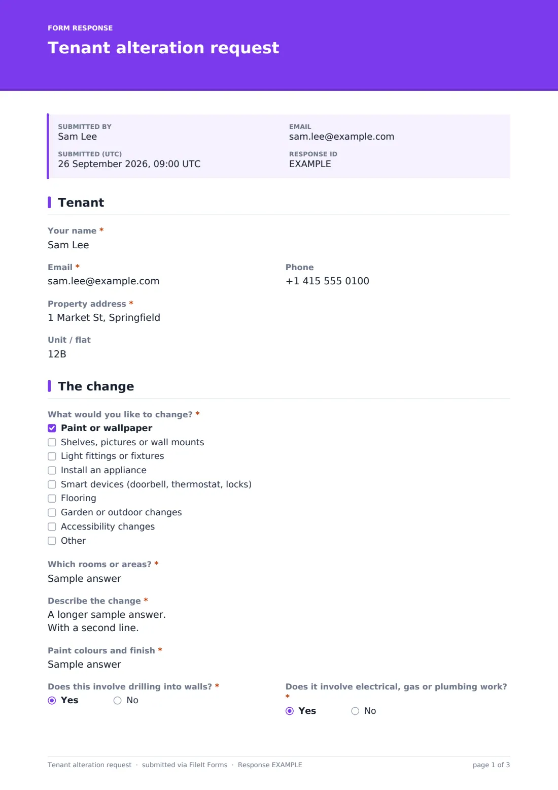 Tenant alteration request — example response PDF, page 1 of 3