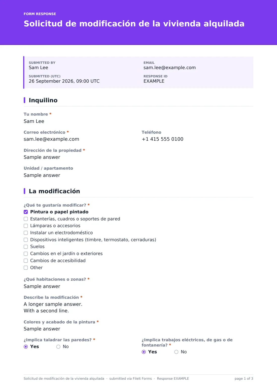 Solicitud de modificación de la vivienda alquilada — PDF de respuesta de ejemplo, página 1 de 3
